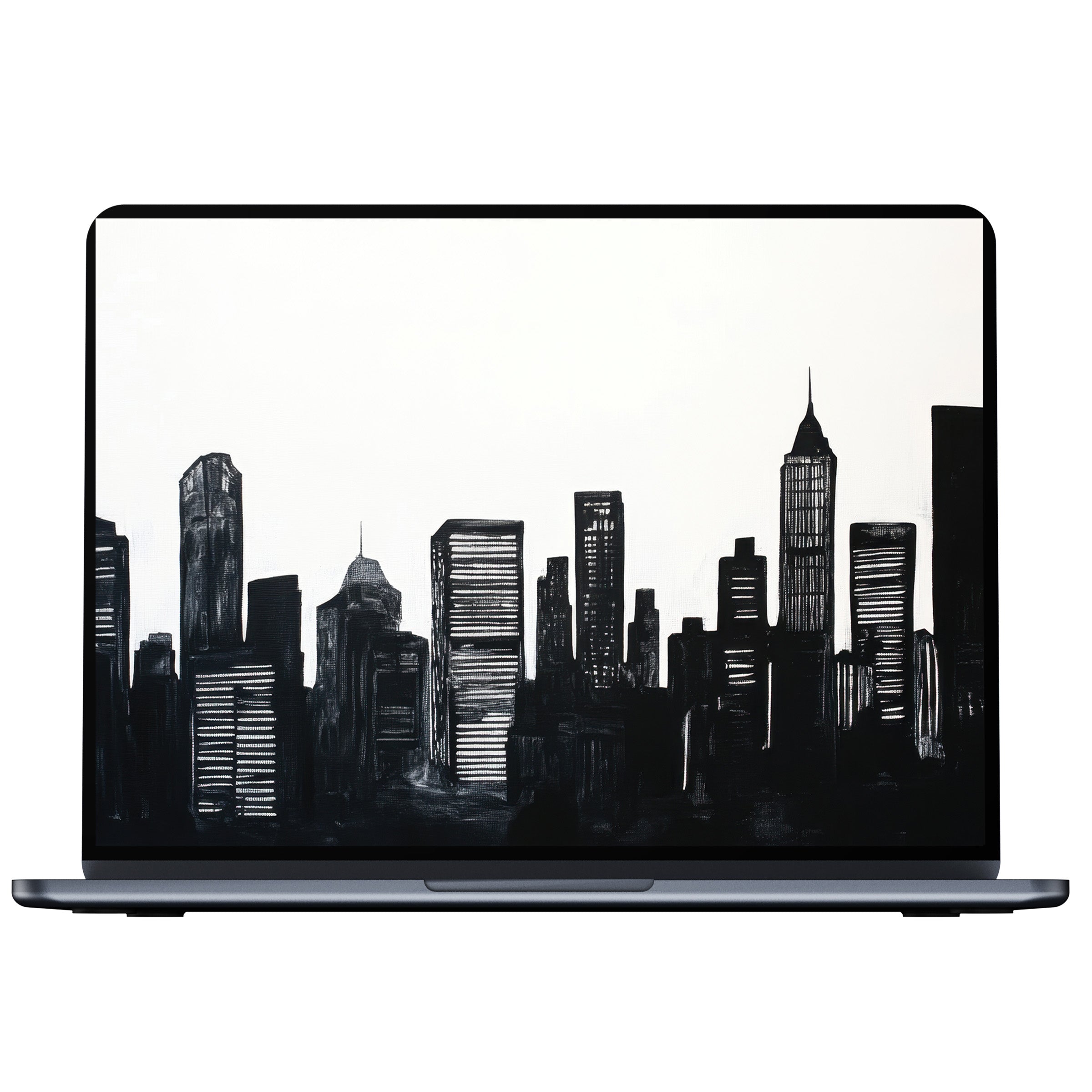 Elegant black and white desktop wallpaper featuring a serene cityscape silhouette for PCs and laptops digital download available
