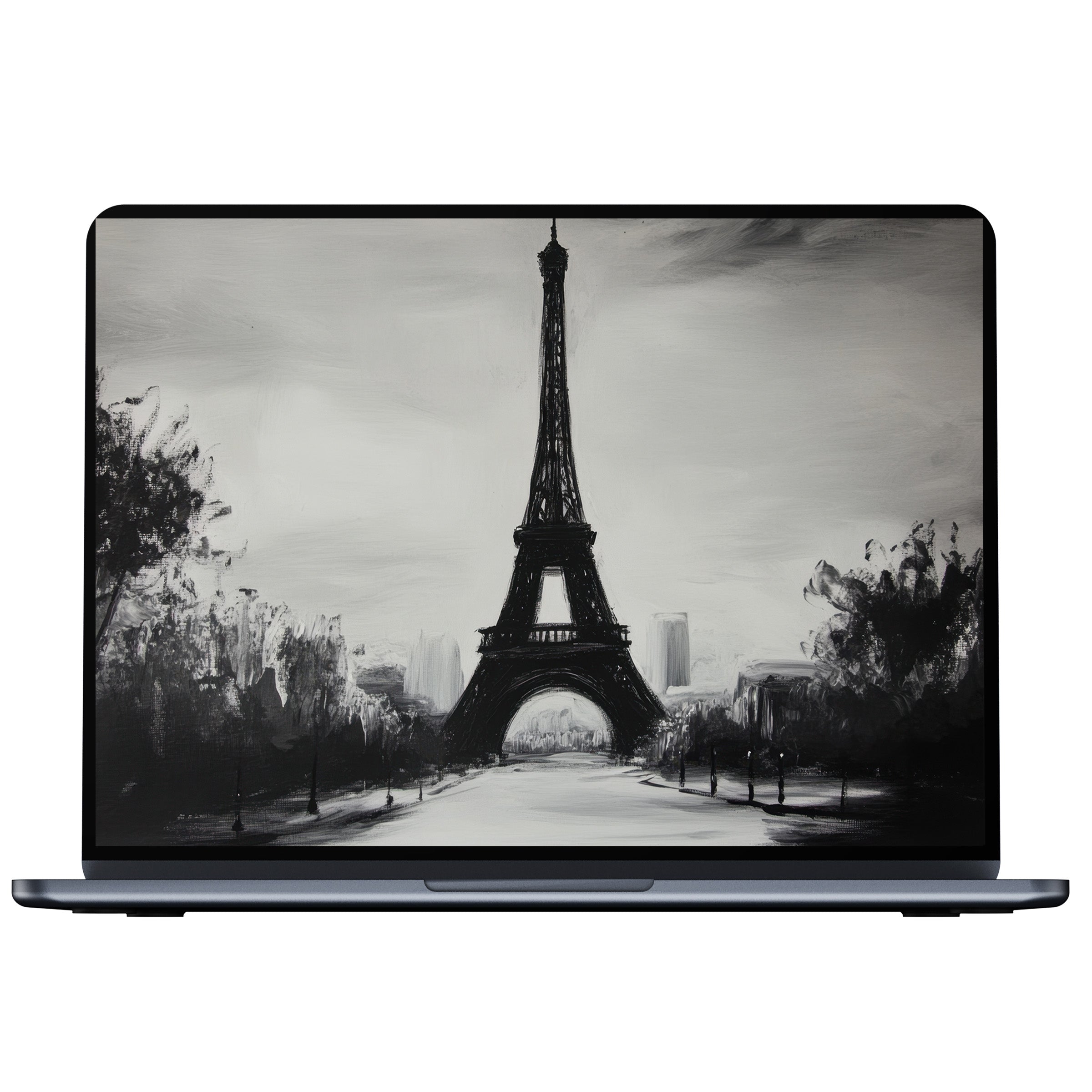 Elegant black and white desktop wallpaper featuring Eiffel Tower brushwork for calming digital download on PC, laptop, or Mac