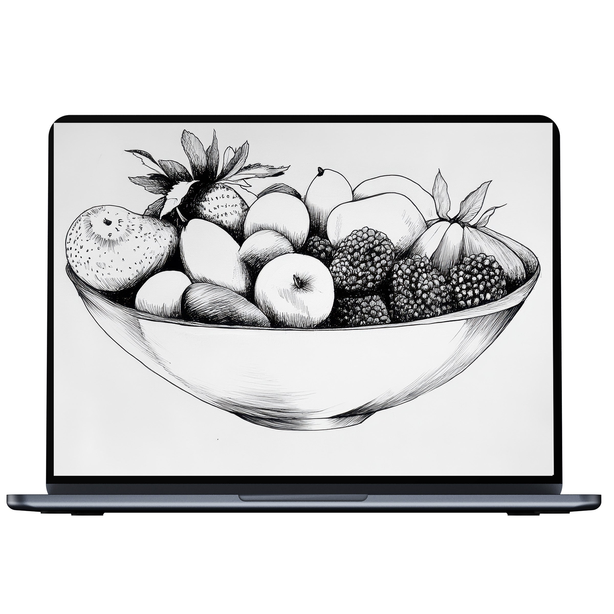Elegant black and white desktop wallpaper featuring a detailed fruit sketch in a bowl for PC or laptop digital download