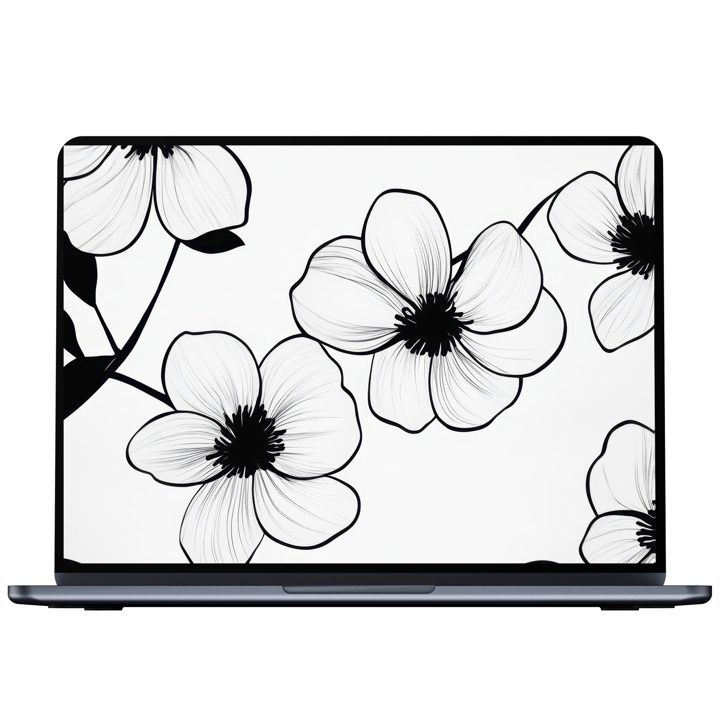 Elegant black and white desktop wallpaper featuring floral line art, perfect digital download for PC, laptop, or Mac users seeking calm elegance