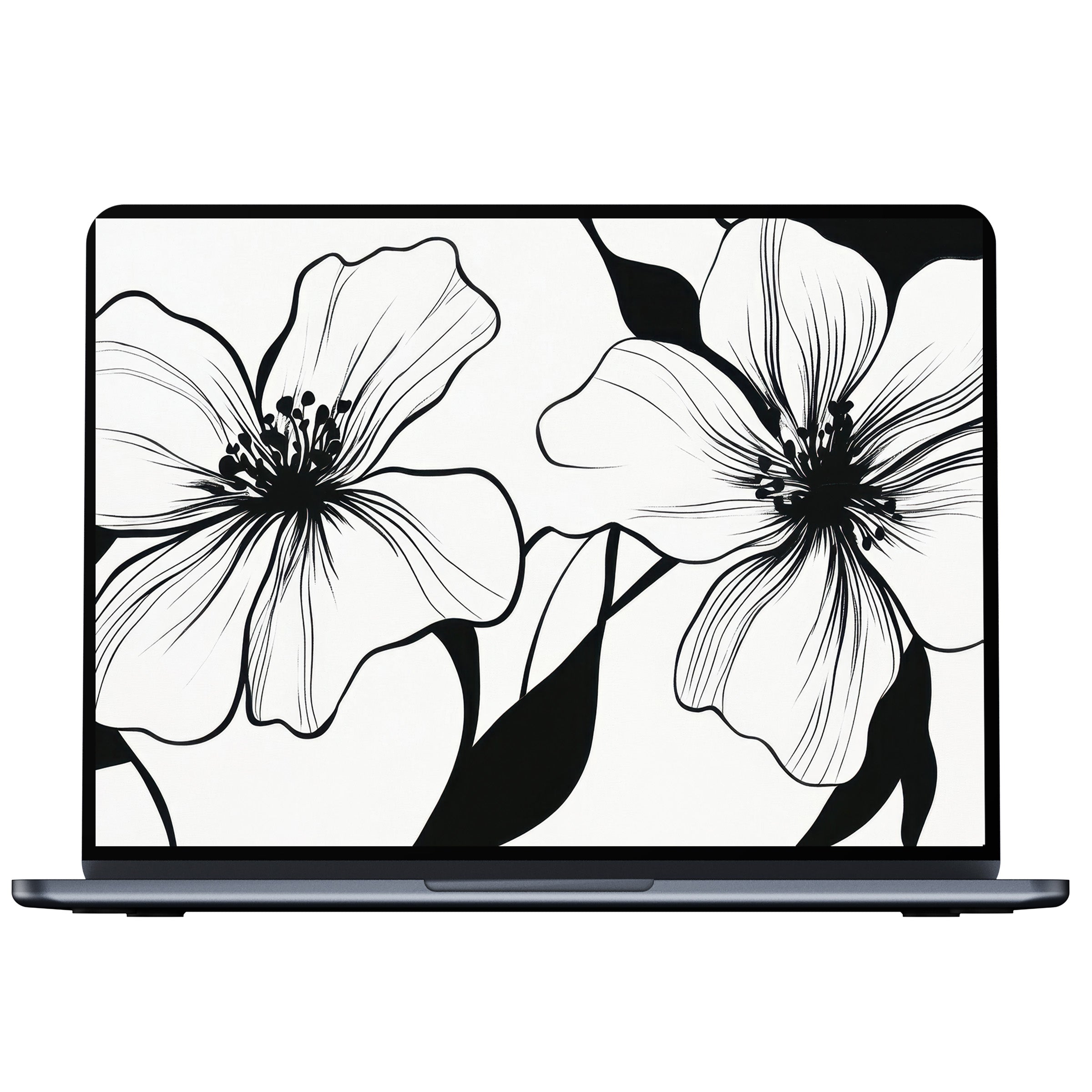 Elegant black and white desktop wallpaper featuring floral line art, perfect digital download for PC, Mac, and laptop tranquility