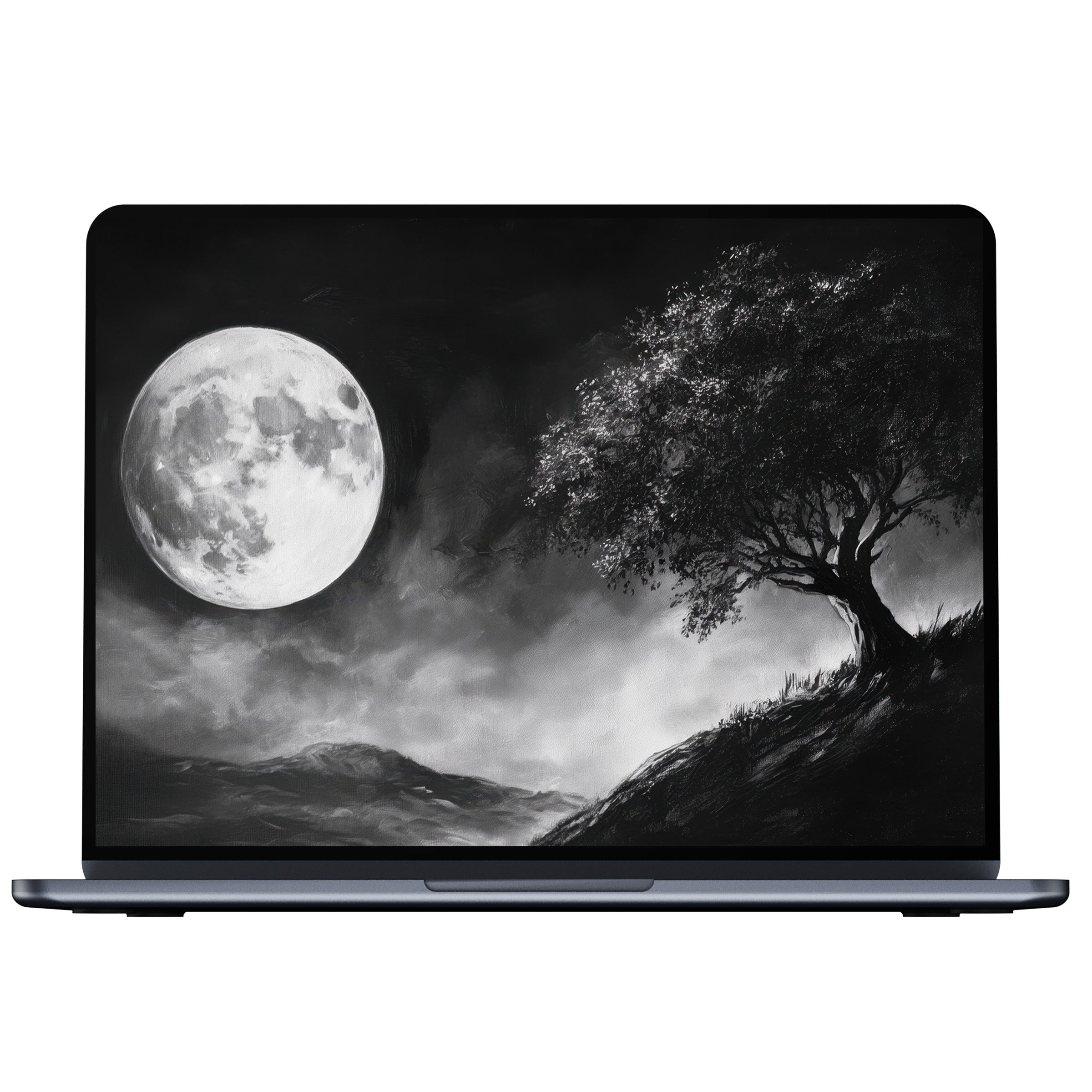 Black and white desktop wallpaper featuring a serene moonlit scene with a lone tree for elegant PC and laptop digital download