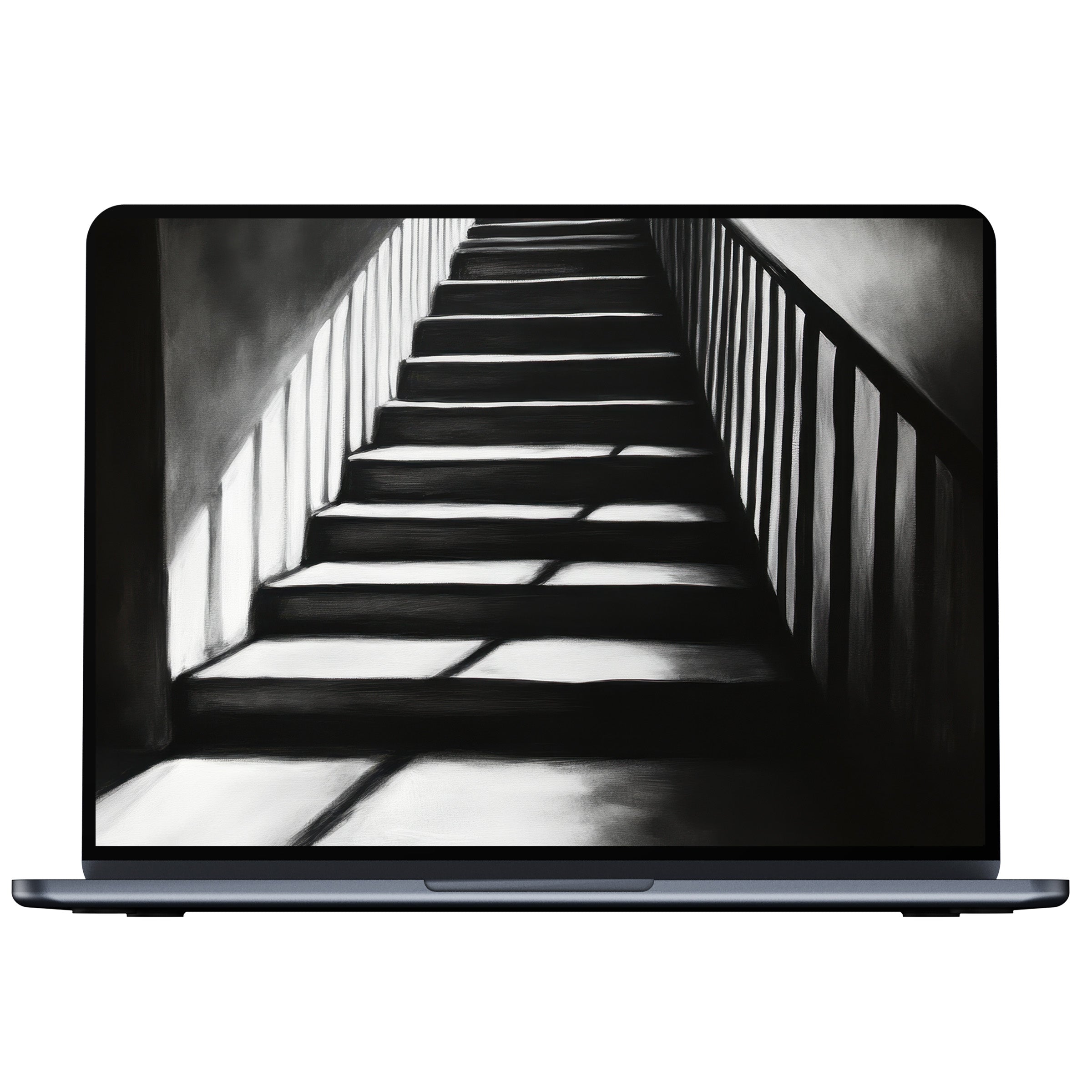 Elegant black and white desktop wallpaper featuring a shadowed staircase offers calm inspiration for any PC or laptop digital download