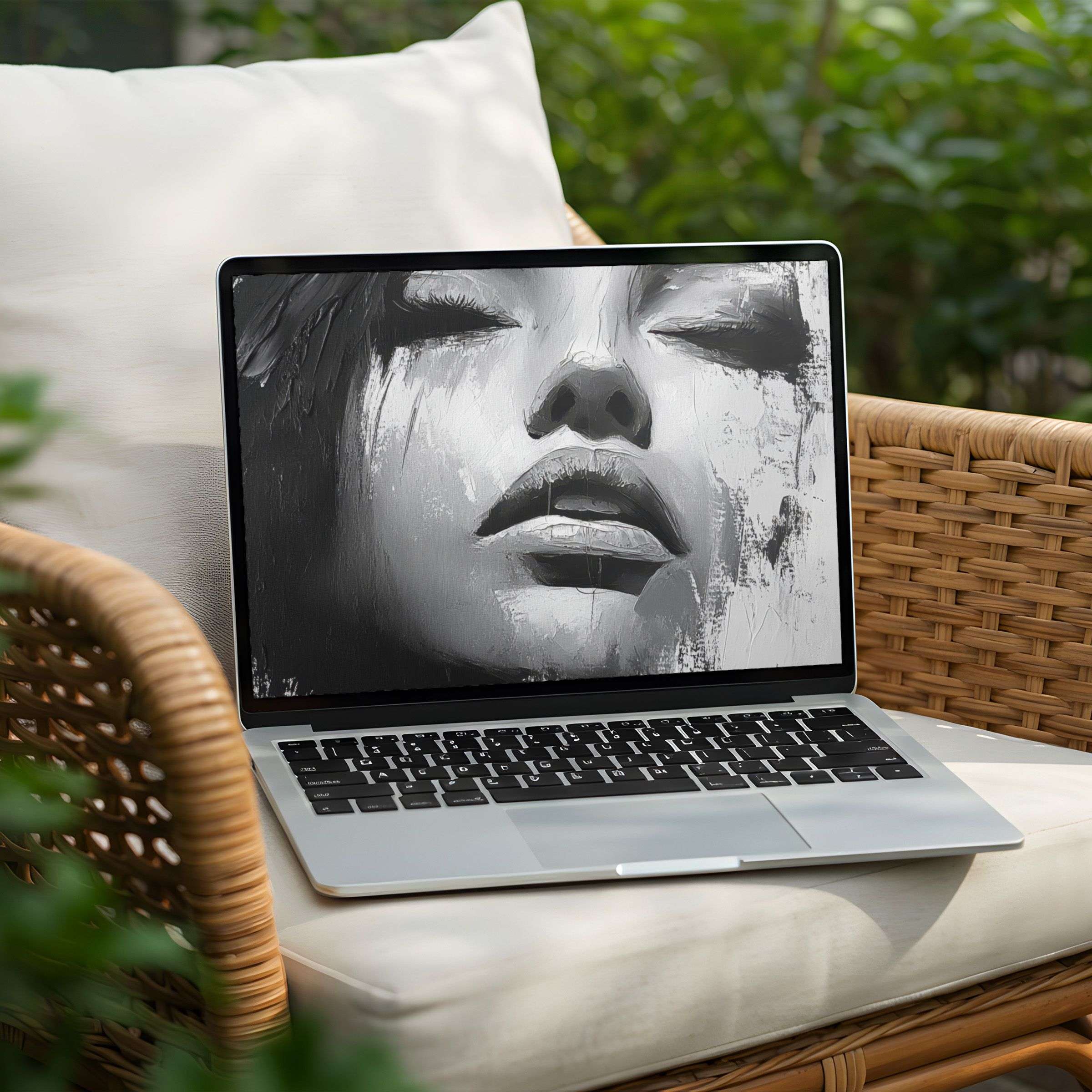 Elegant black-and-white portrait desktop background for PC and Laptop instant download inspiring calm and mindful elegance