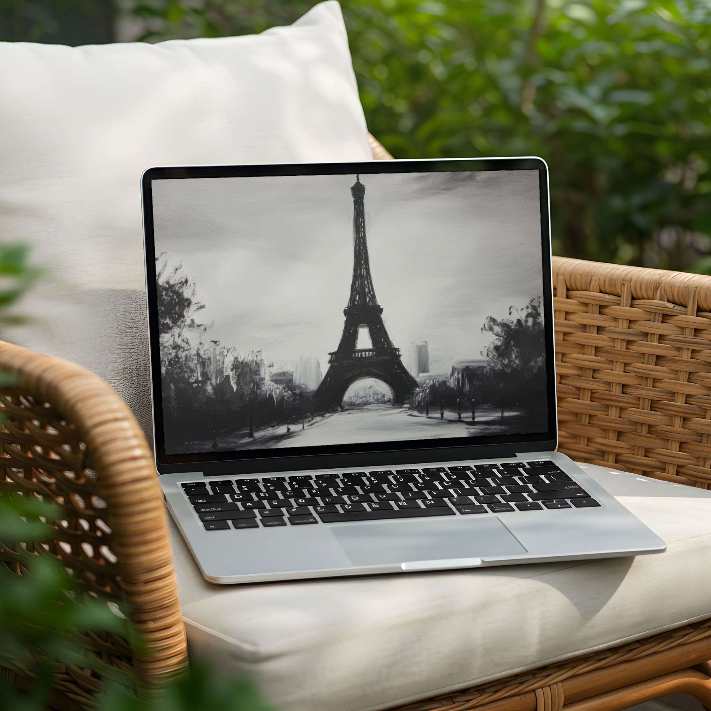 Elegant black and white Eiffel Tower desktop background for PC or Laptop instant download evokes calm and artistic inspiration