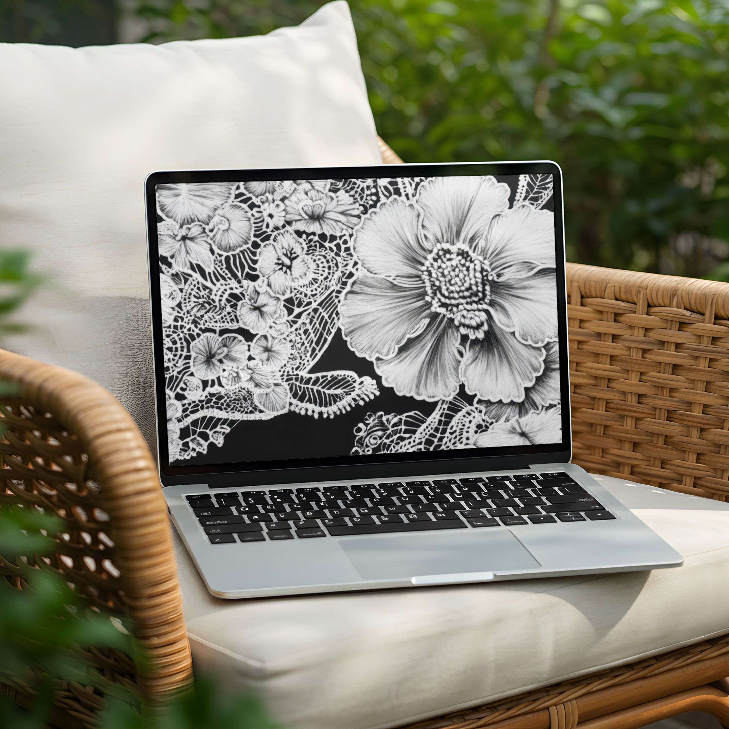 Elegant black and white floral desktop background for instant download elevates your PC or Laptop with calm and inspiring design