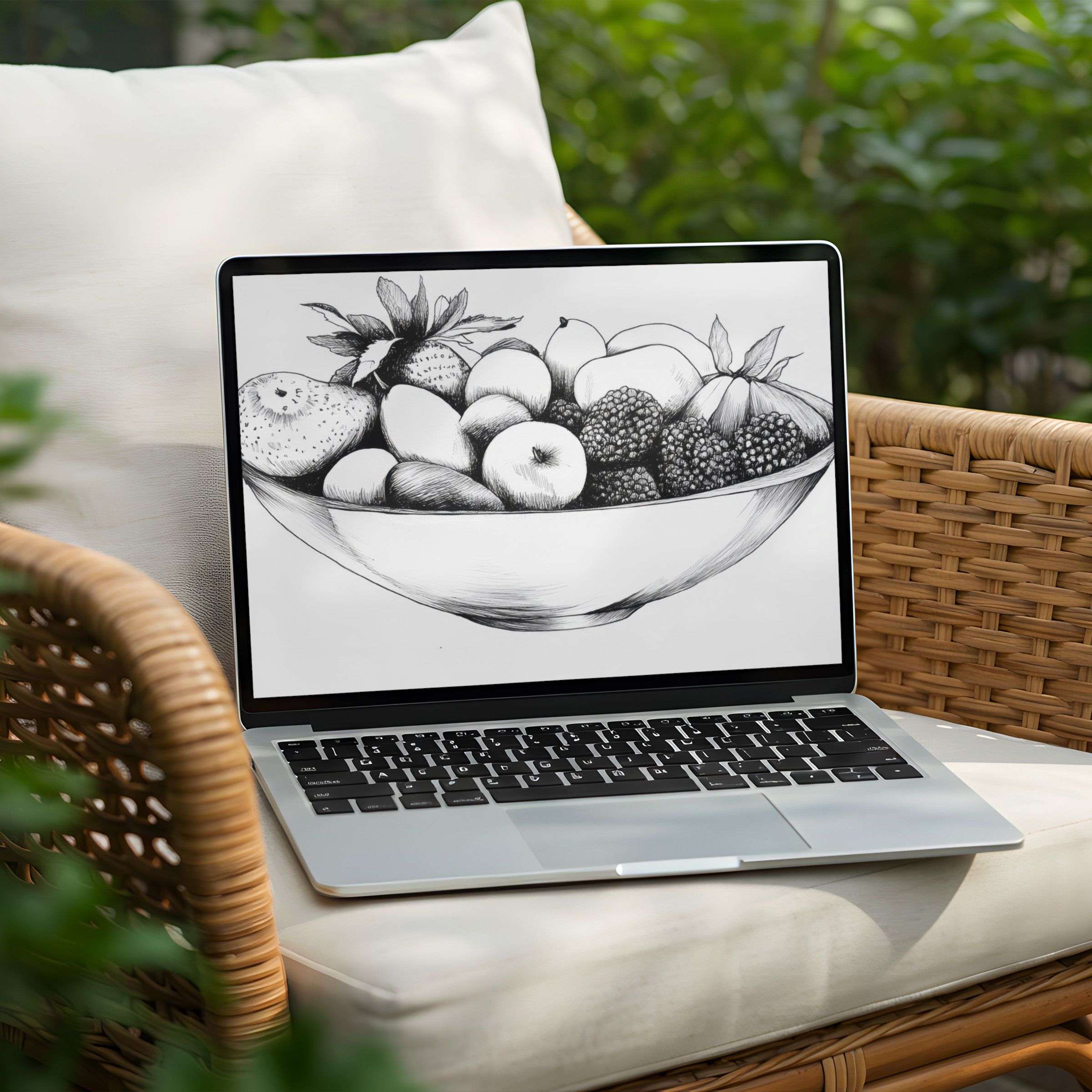 Elegant black and white fruit sketch offers a calming desktop background for your PC or Laptop ideal for instant download