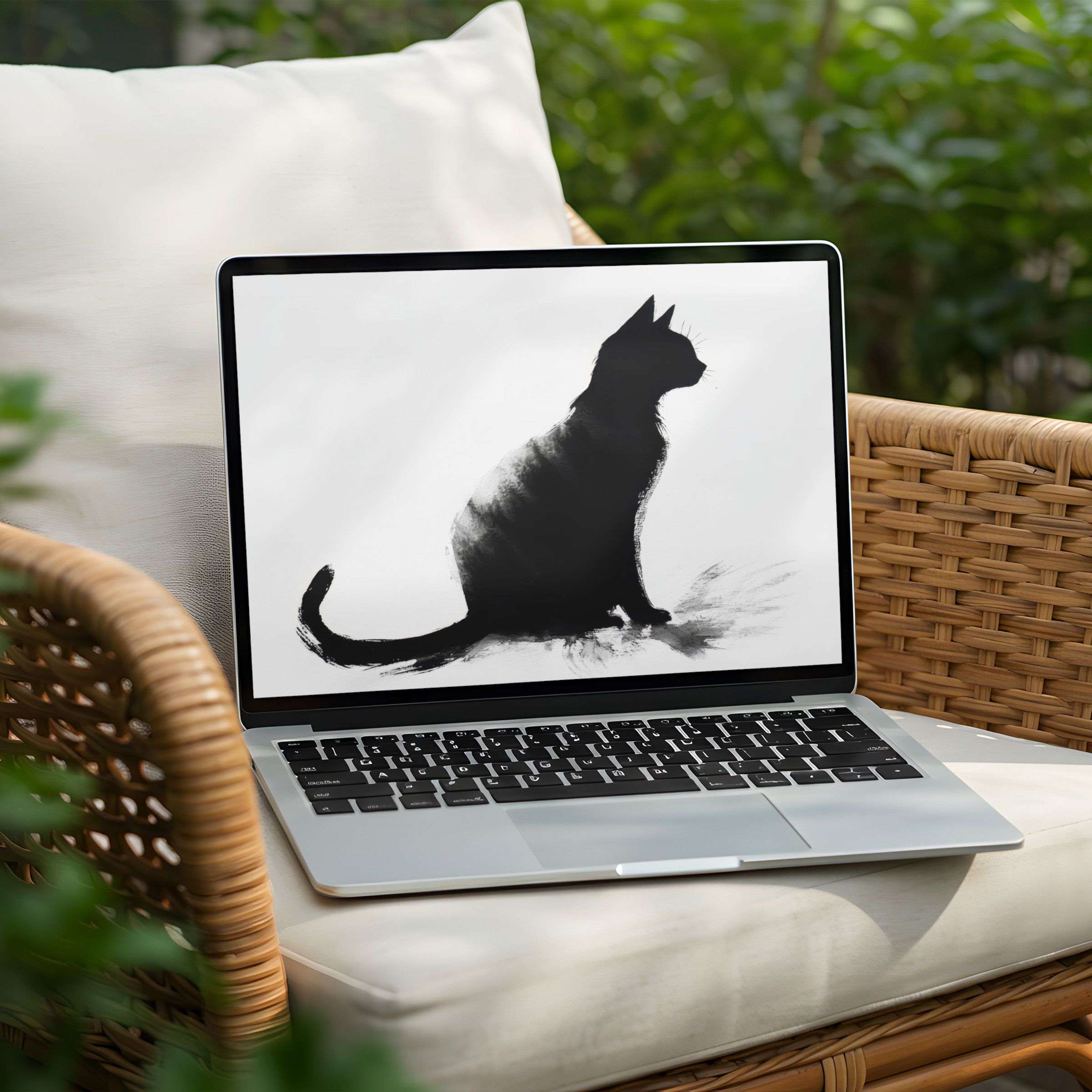 Elegant black cat silhouette desktop background for PC or Laptop as instant download inspires calmness and mindfulness