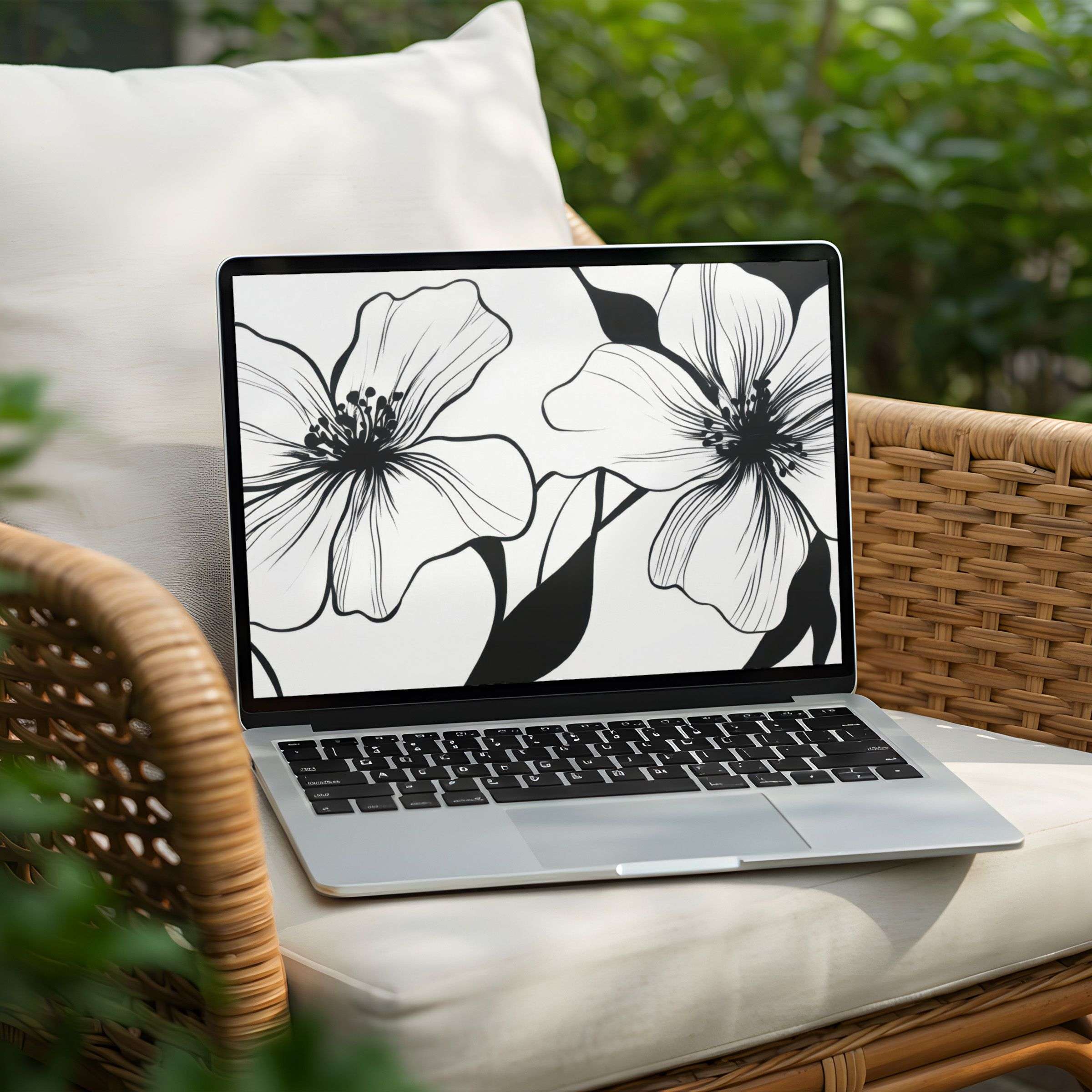 Elegant black and white floral desktop background for PC or Laptop, instant download for mindfulness and aesthetic inspiration