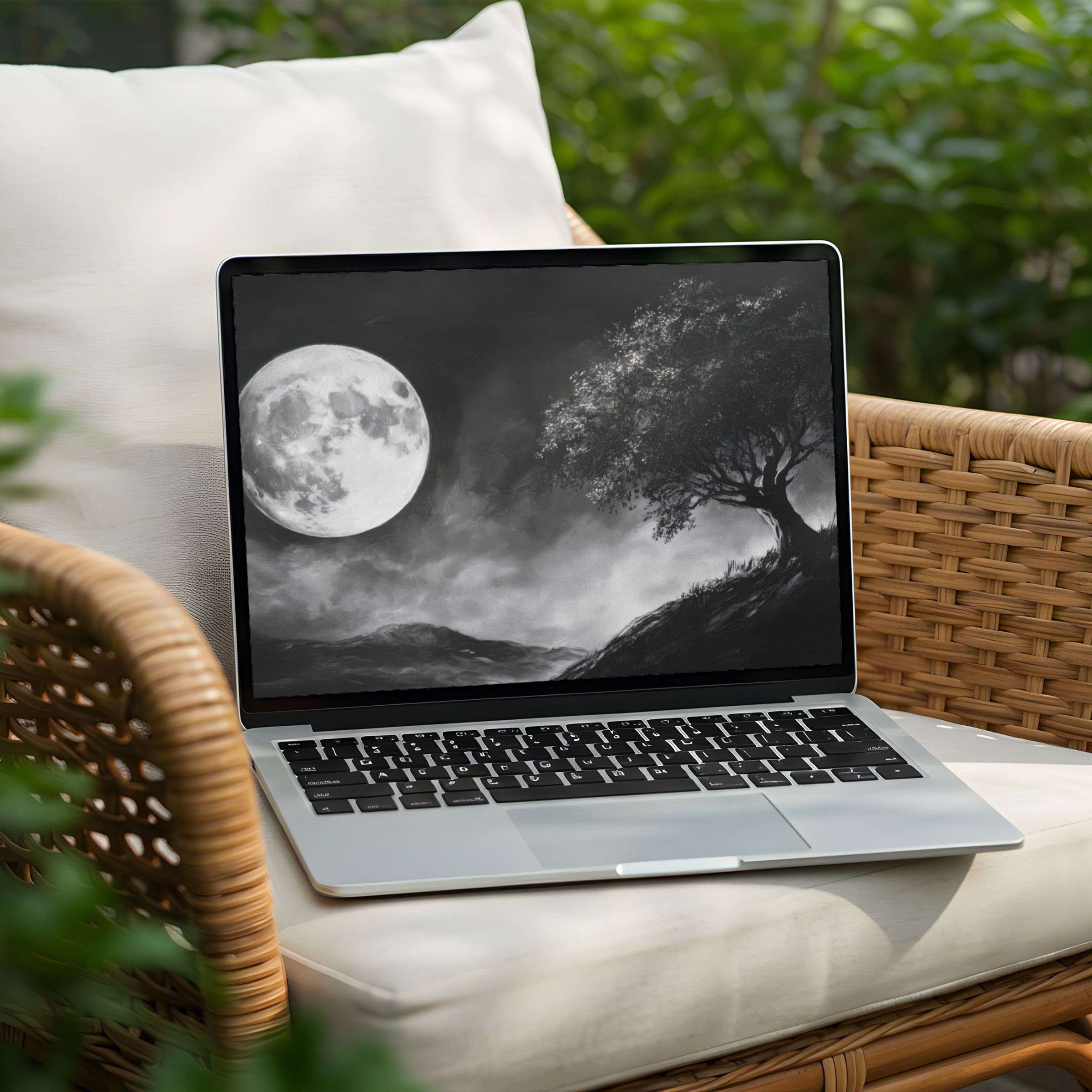 Serene moonlit landscape desktop background for PC and Laptop instant download evokes calm and inspiration in a design-conscious space