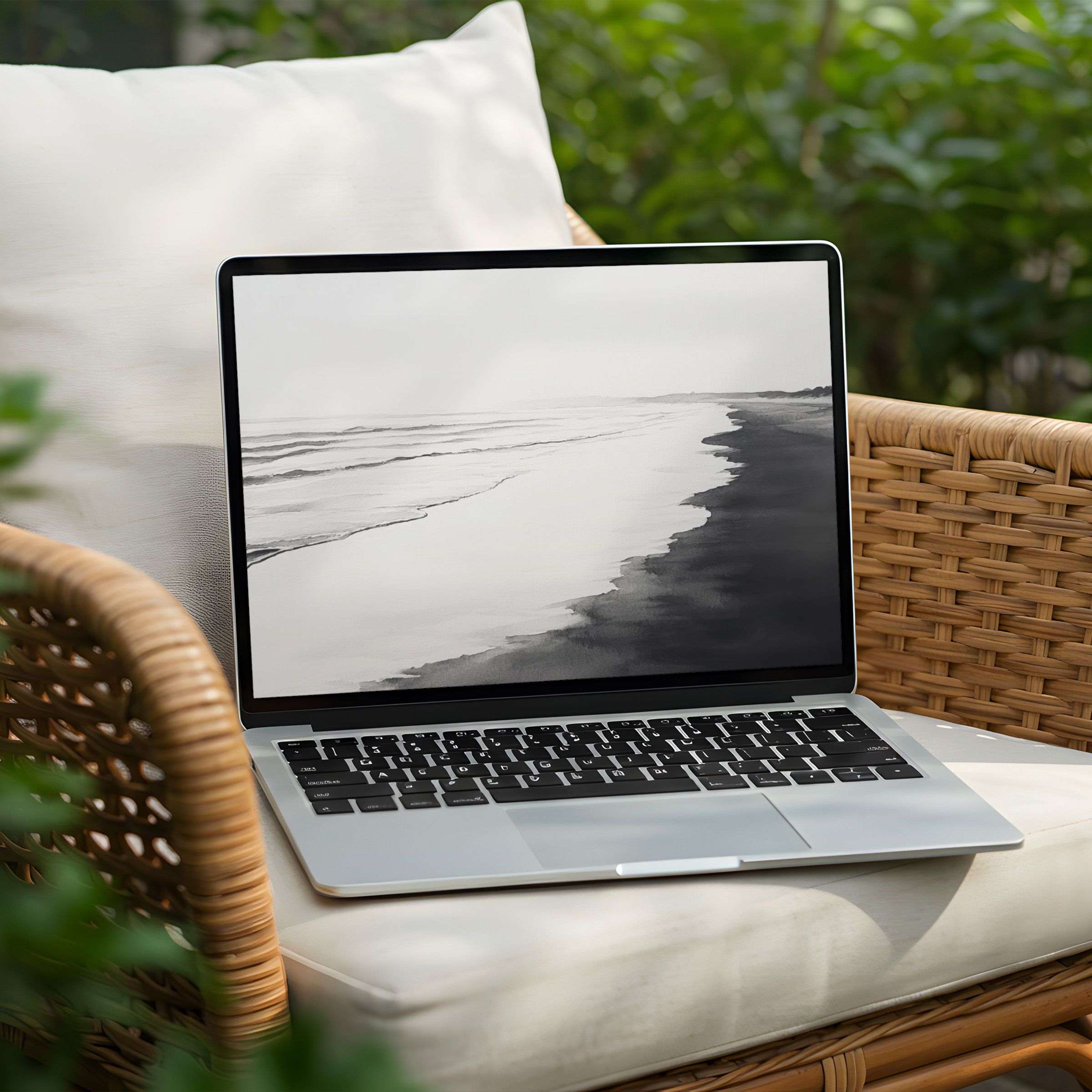 Serene grayscale beachscape for PC and laptop desktop background, offering instant download to elevate your digital zen ambiance