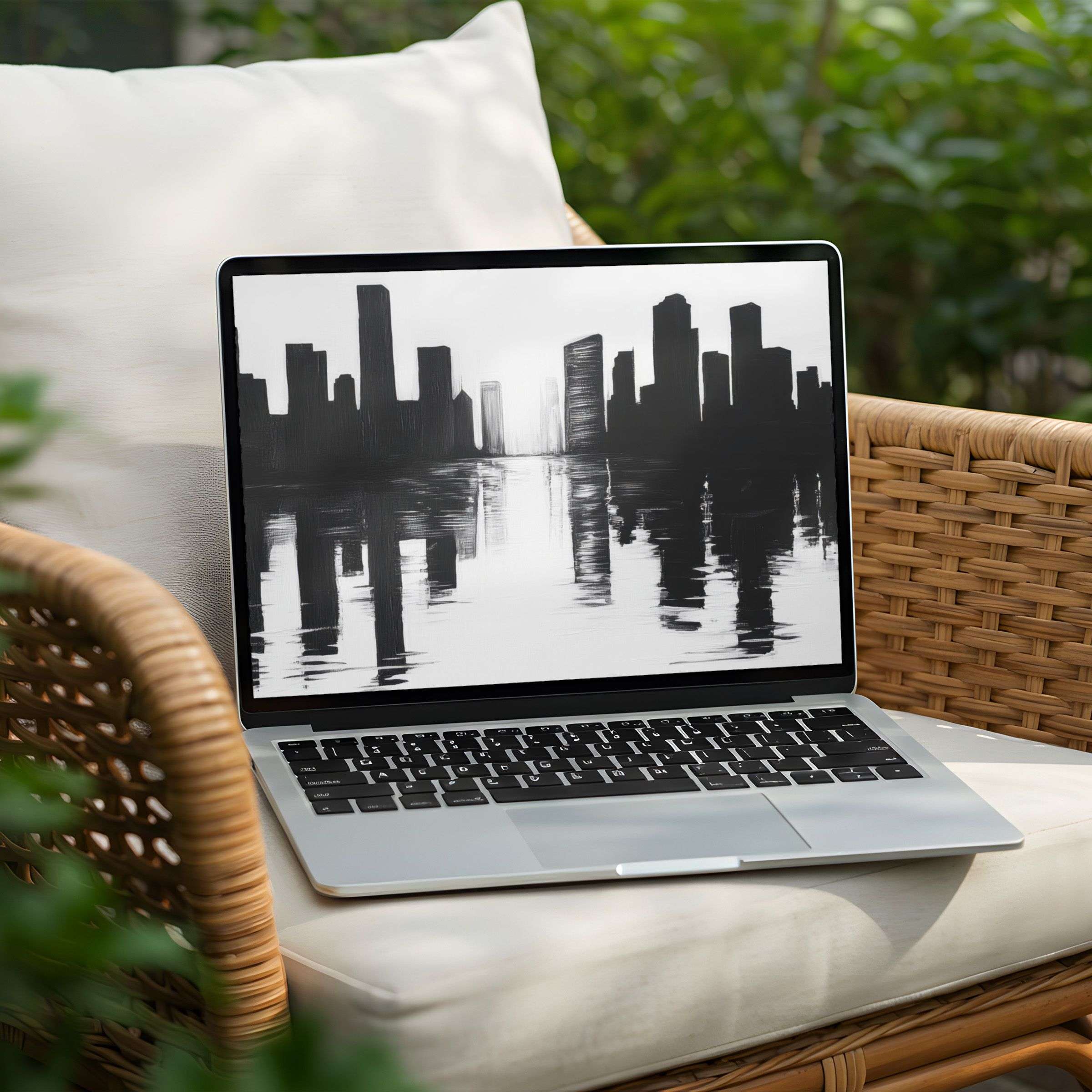 Elegant cityscape desktop background for PC or Laptop, instant download offering calm inspiration with monochrome skyline reflections