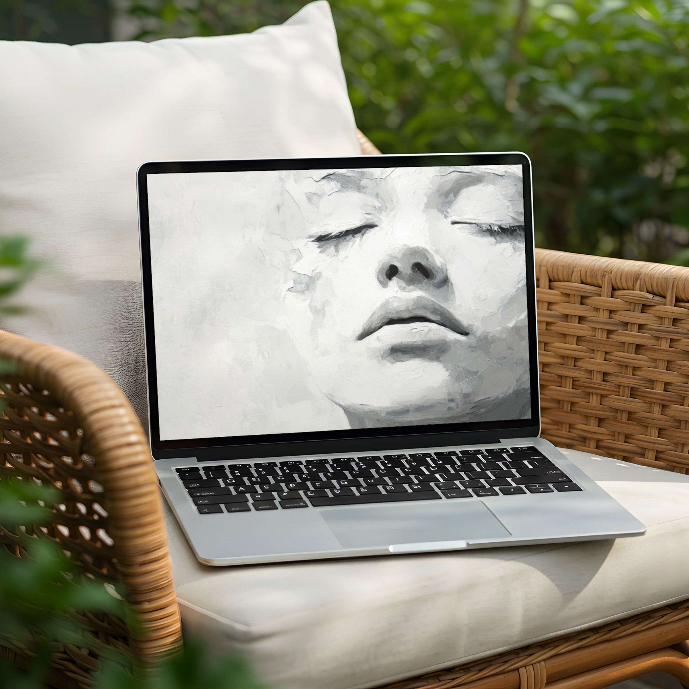 Inspiring abstract desktop background for PC and Laptop, featuring serene grayscale portrait, instantly downloadable for a mindful space