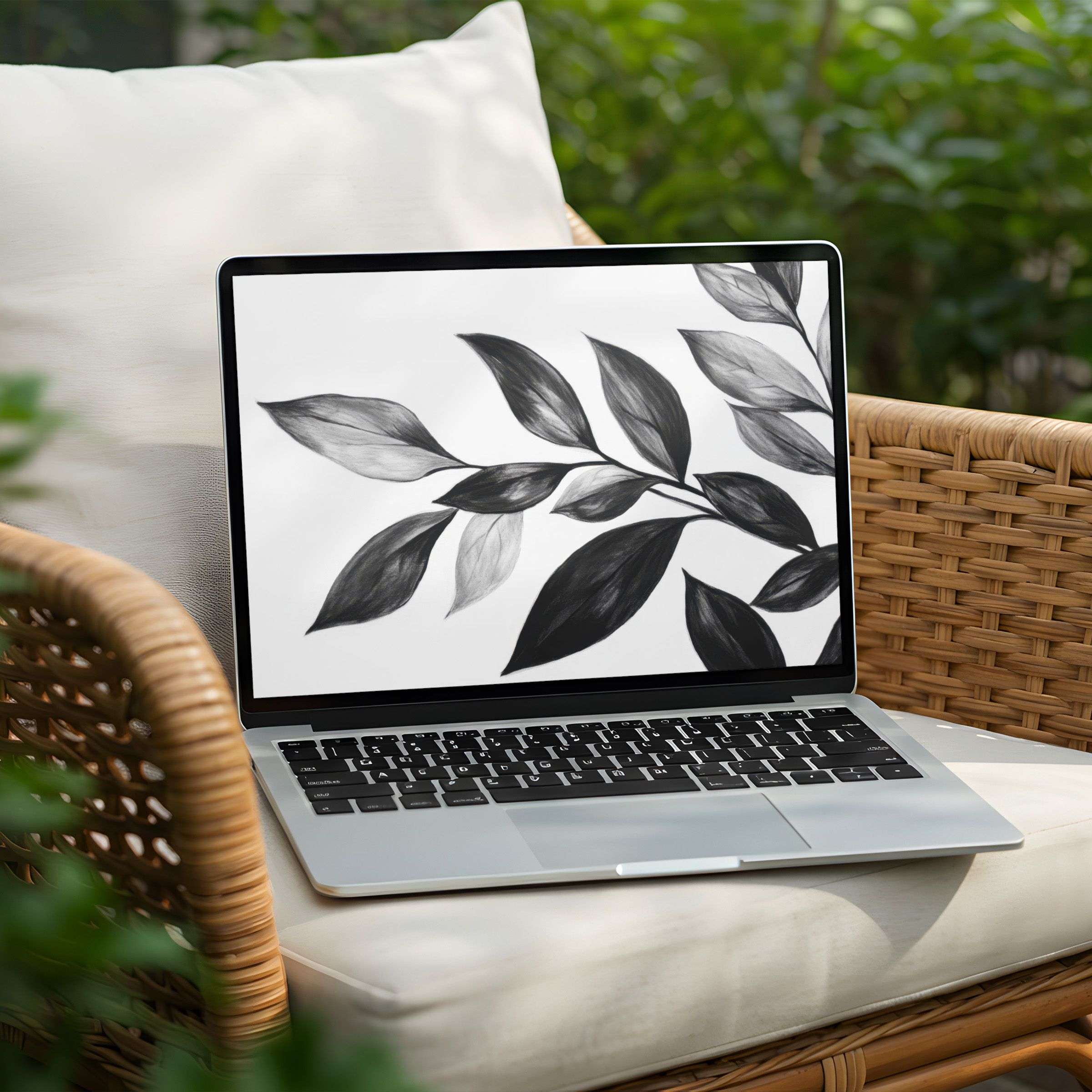 Serene black and white leaf design for desktop background on PC or Laptop, instant download offers elegance and calm inspiration