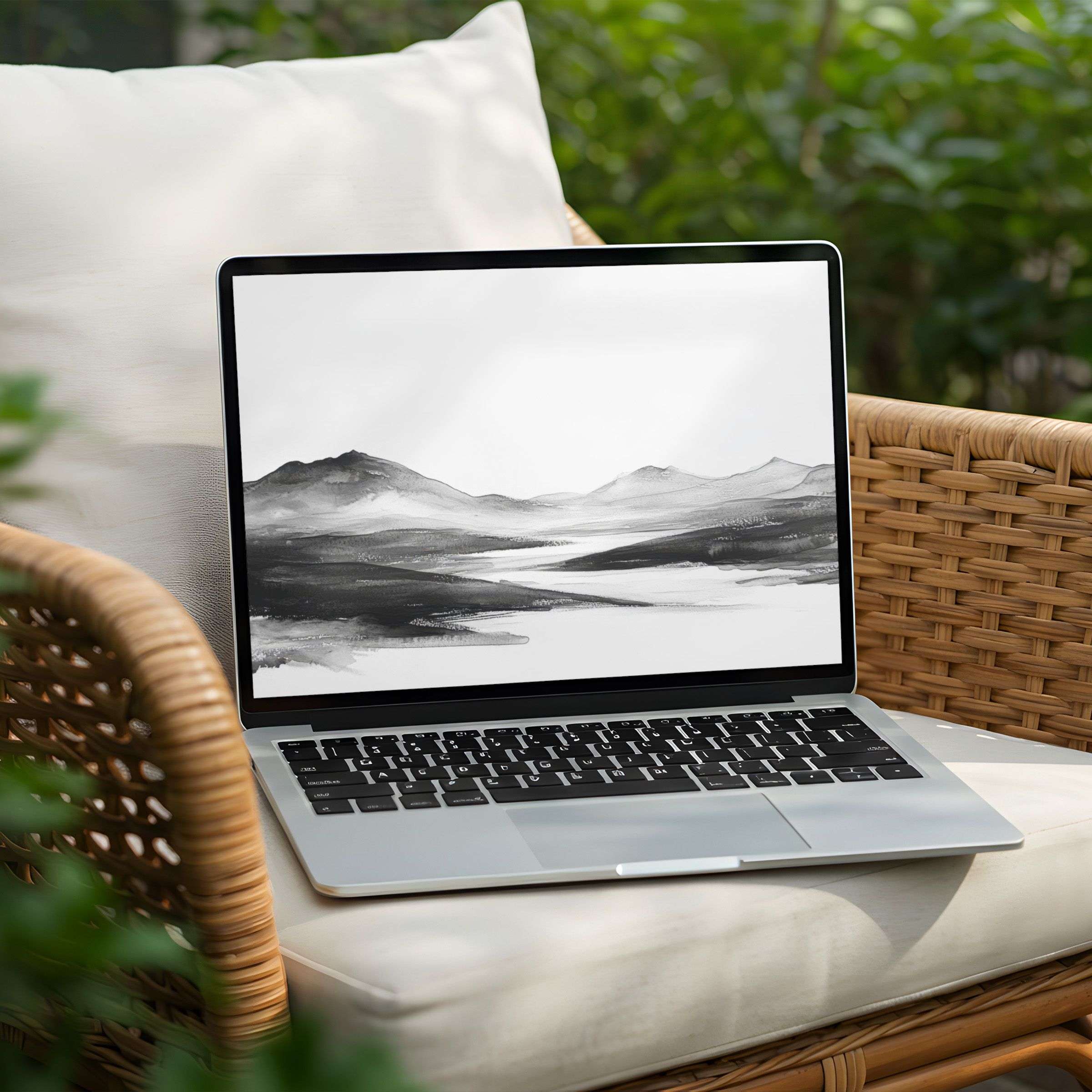 Elegant black-and-white mountain art desktop background for PC or Laptop, instant download offers serenity and mindful inspiration