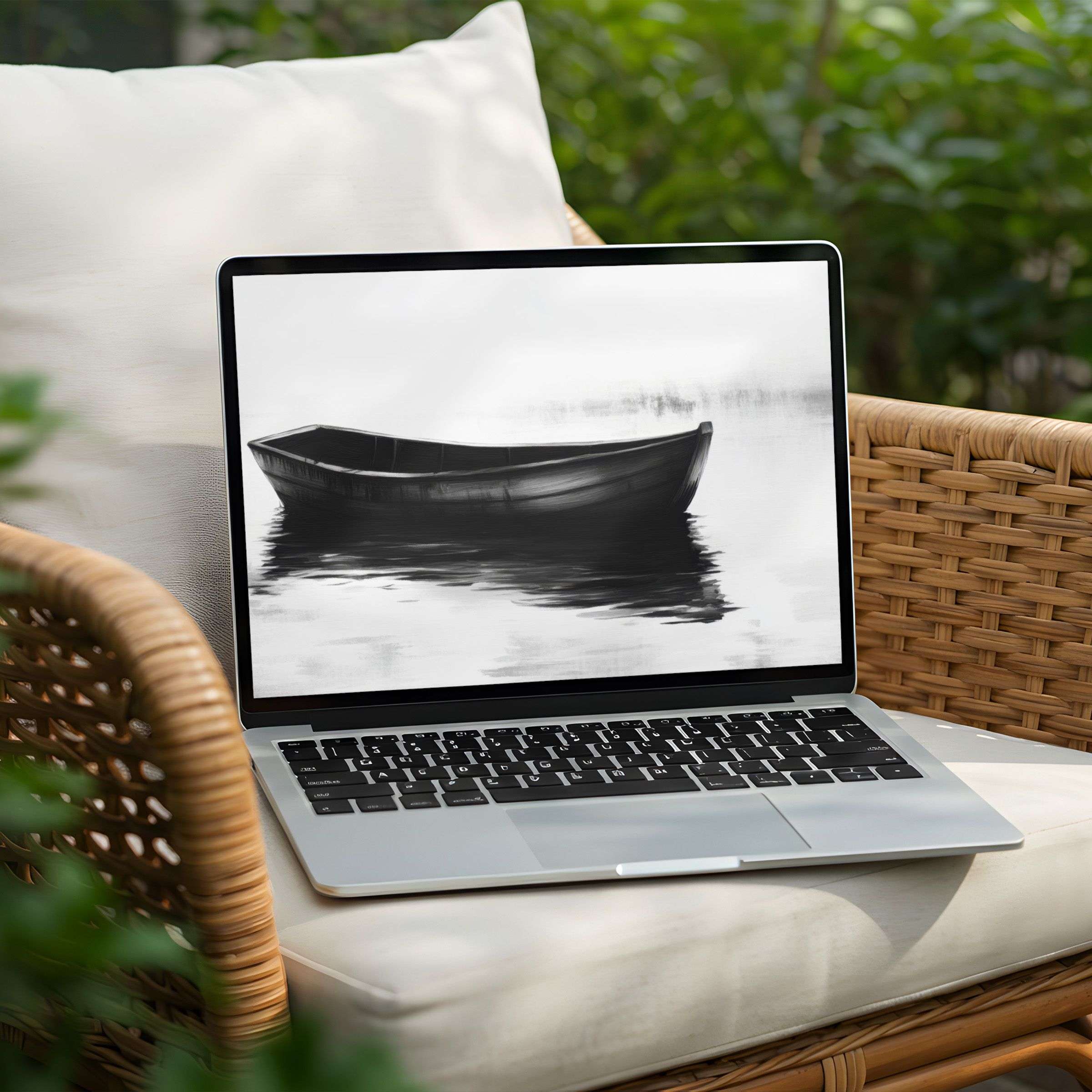 Elegant black and white boat desktop background on PC and Laptop for instant download inspires calm and mindful productivity