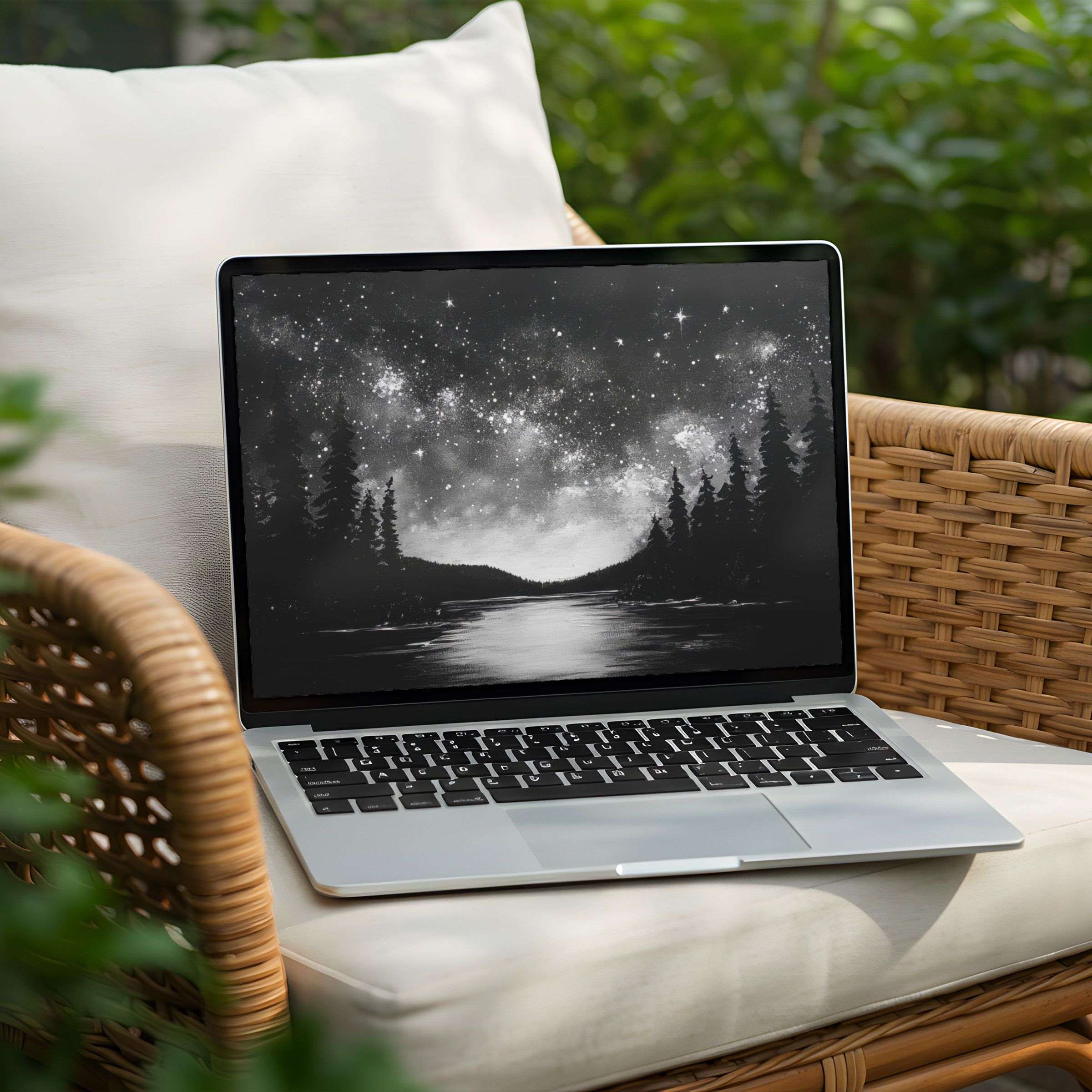 Starry night landscape desktop background on a PC or Laptop inspires calm and elegance, available for instant download