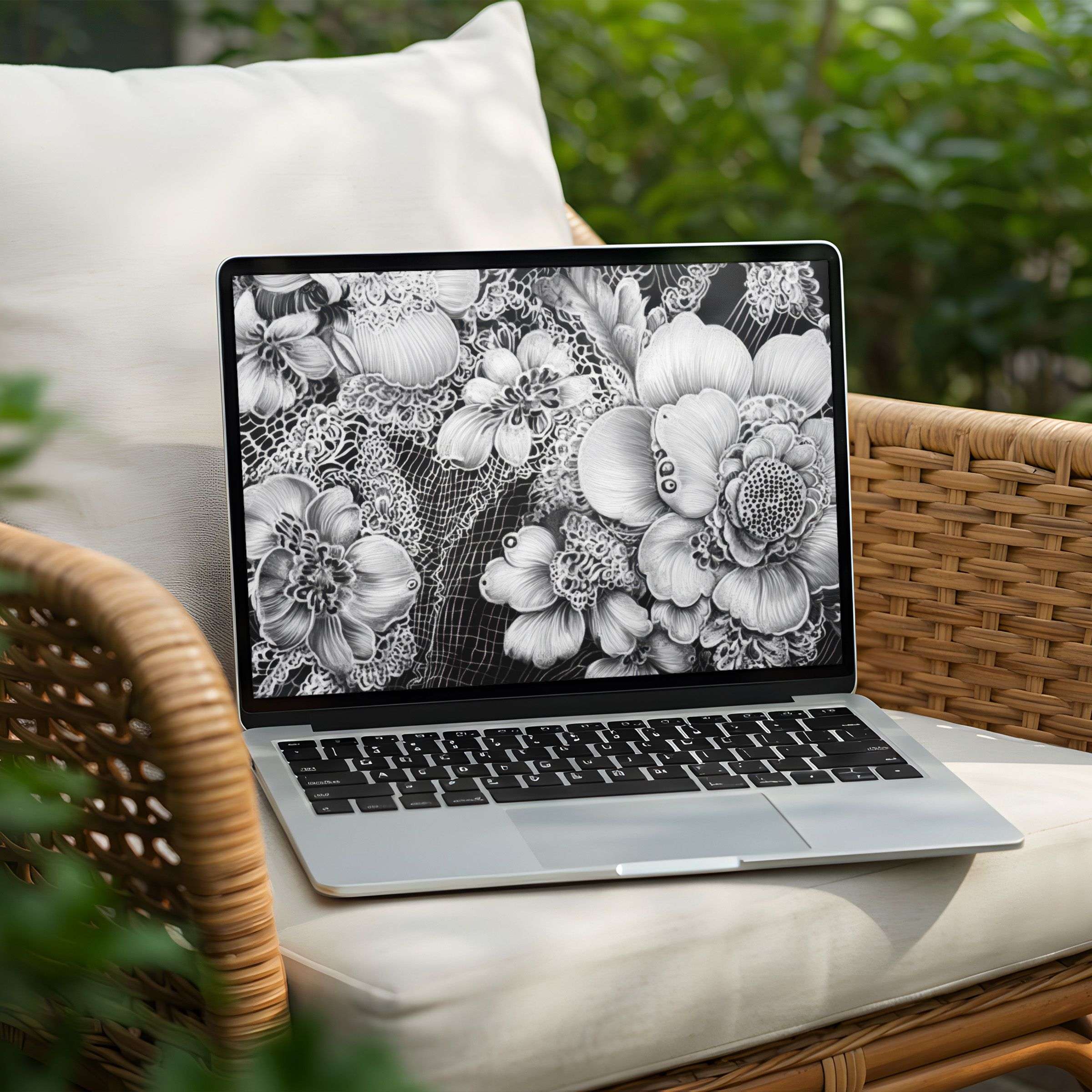 Elegant black and white floral design on laptop screen for an inspiring desktop background instant download for PC and Laptop
