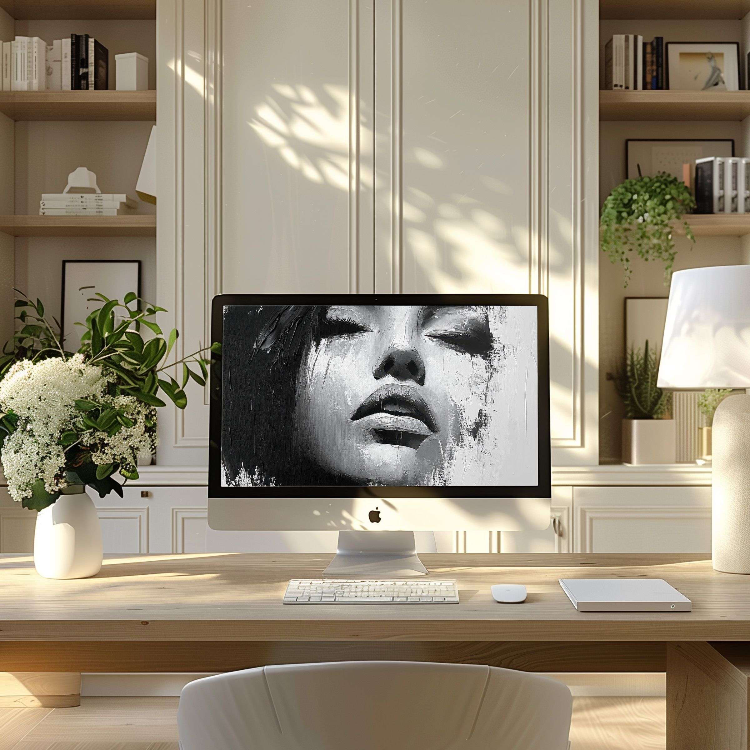 Stunning monochrome artwork wallpaper for computer enhances modern home office, perfect for PC, laptop inspiration and serenity