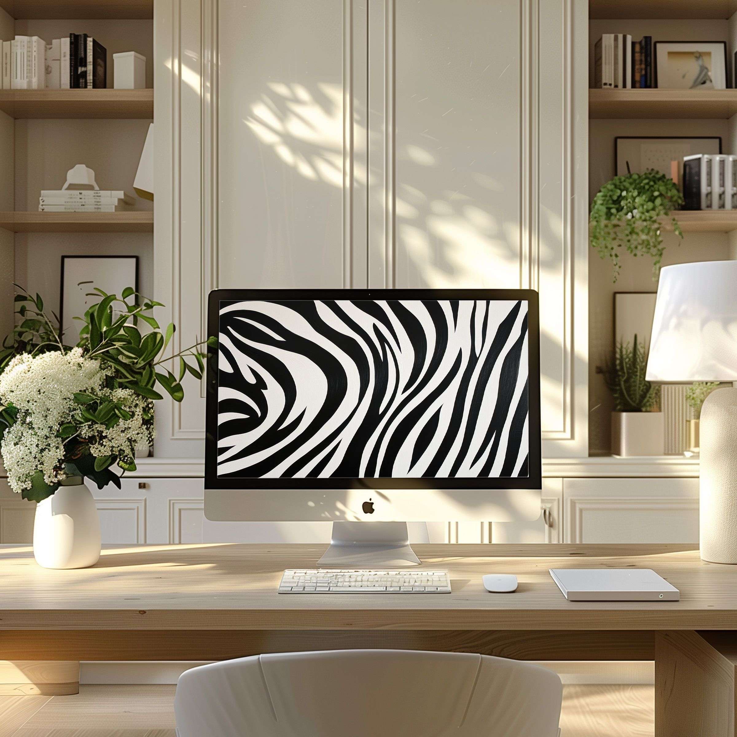Black and white zebra motif wallpaper for computer brings calm elegance to your modern home office PC or laptop setup