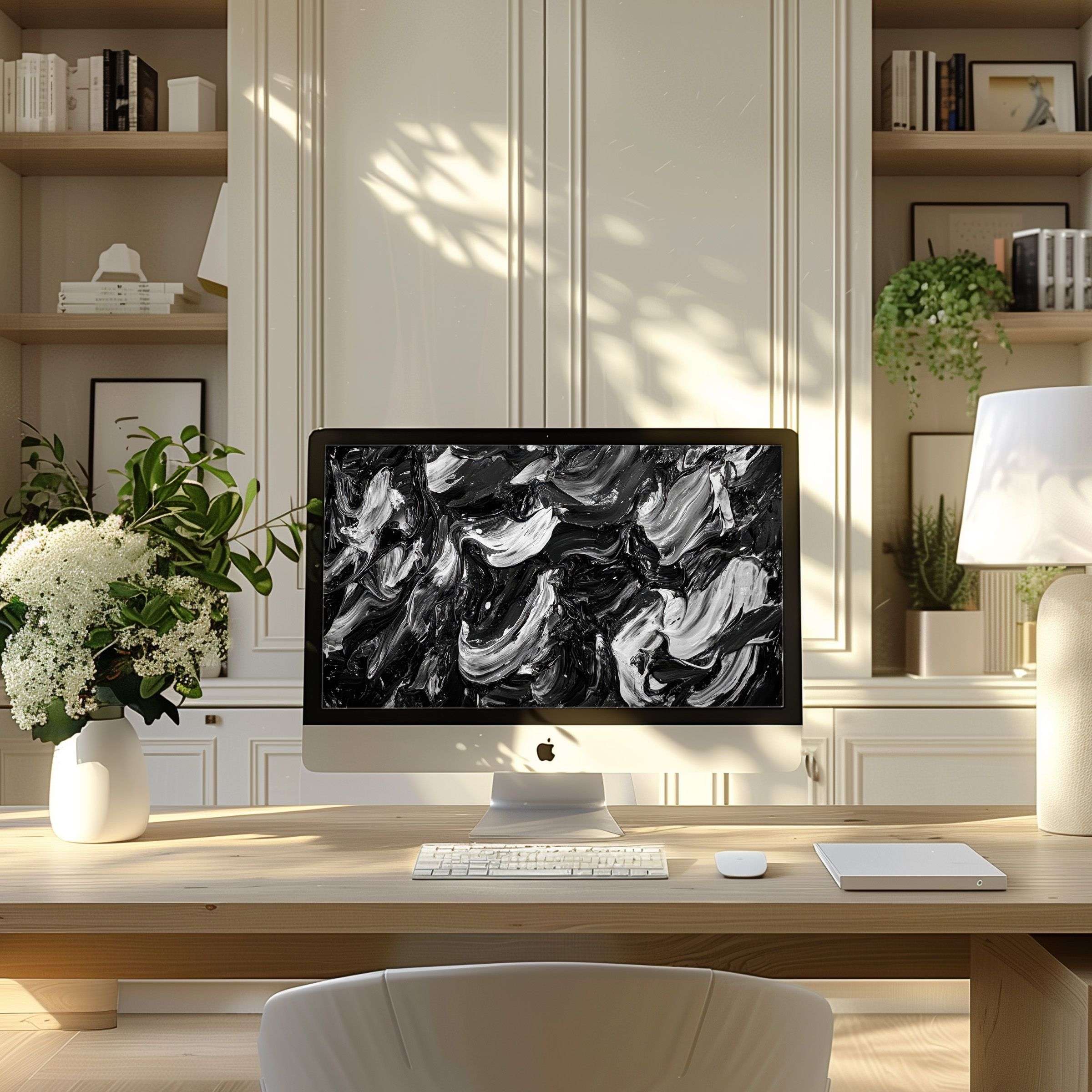 Elegant black-and-white abstract artwork as wallpaper for computer, PC or laptop creates a calming, inspiring home office atmosphere
