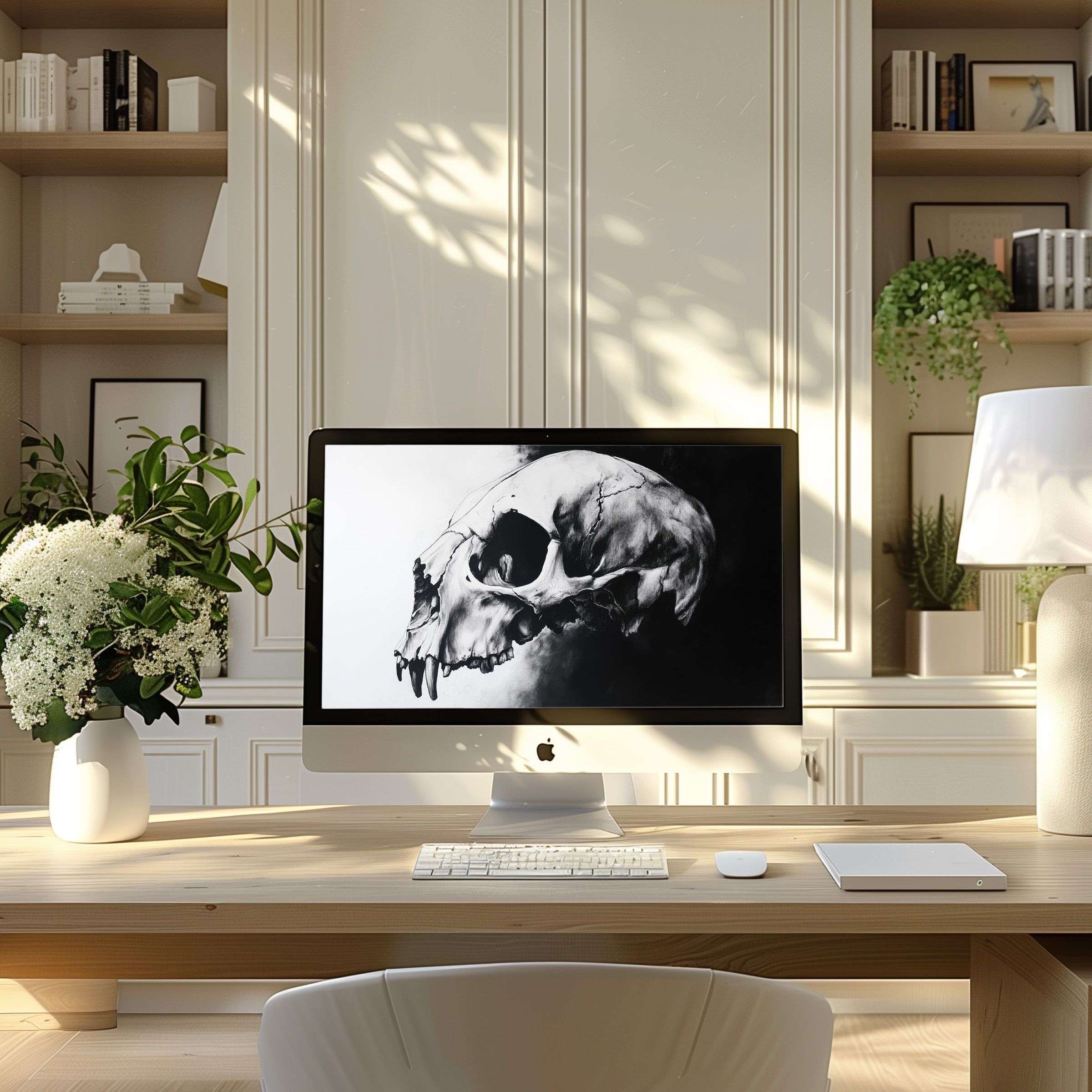 Elegant skull motif wallpaper for computer showcasing calm inspiration fits PC laptop ultrawide digital download modern office