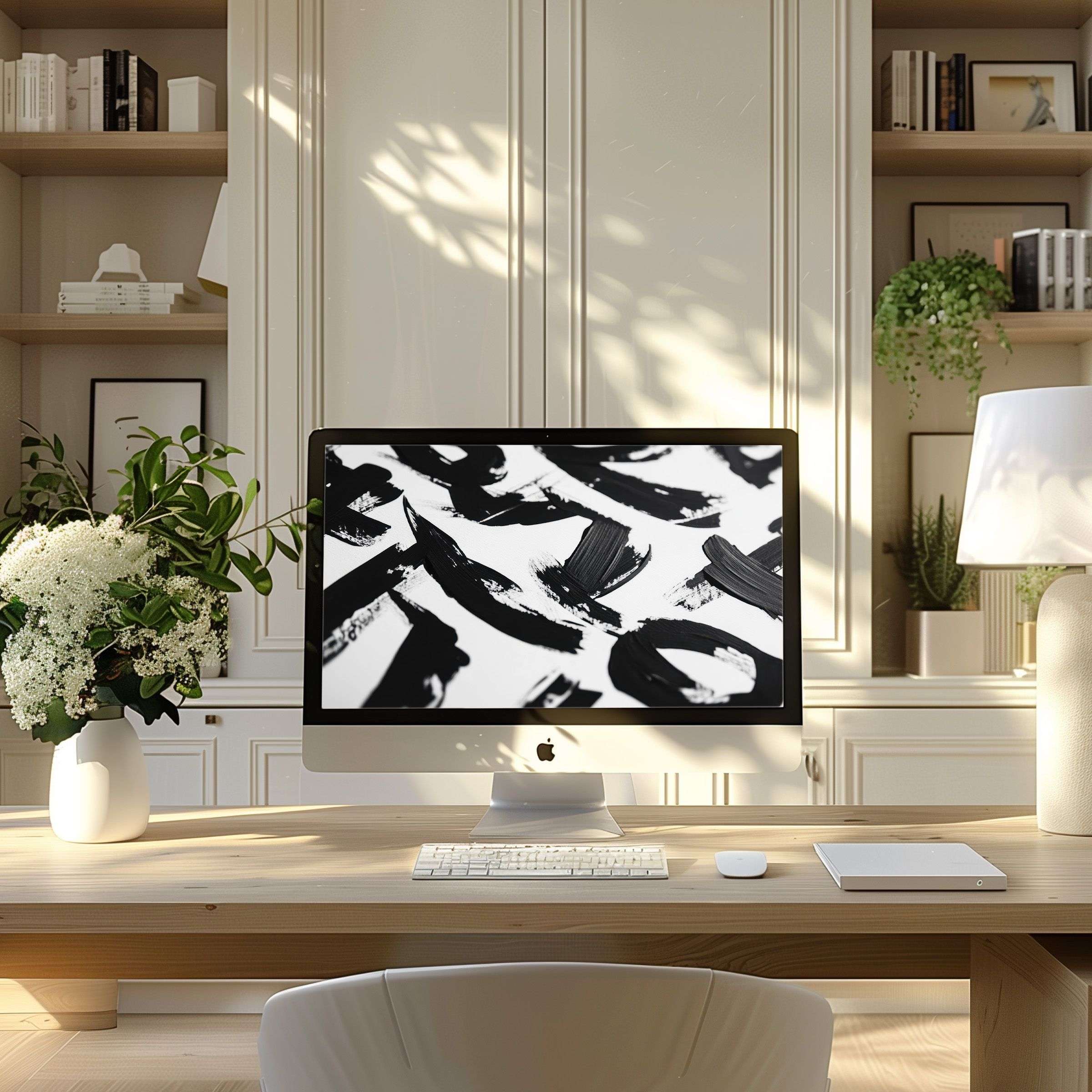 Calming monochrome digital painting as wallpaper for computer blends elegance with inspiration, ideal for PC or laptop in any modern home office