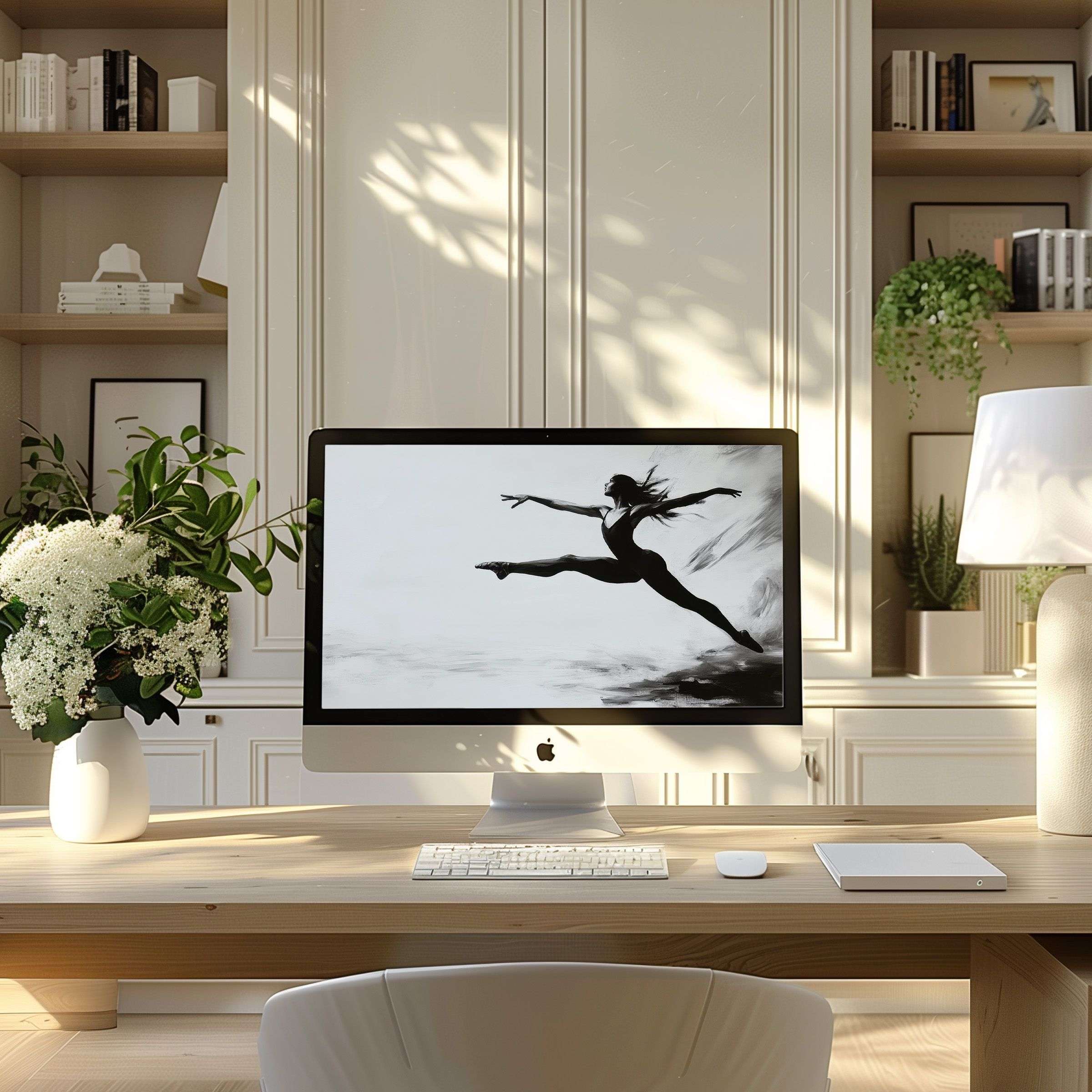 Elegant monochrome dancer wallpaper for computer, PC, and laptop inspires tranquility in a modern, serene home office setting
