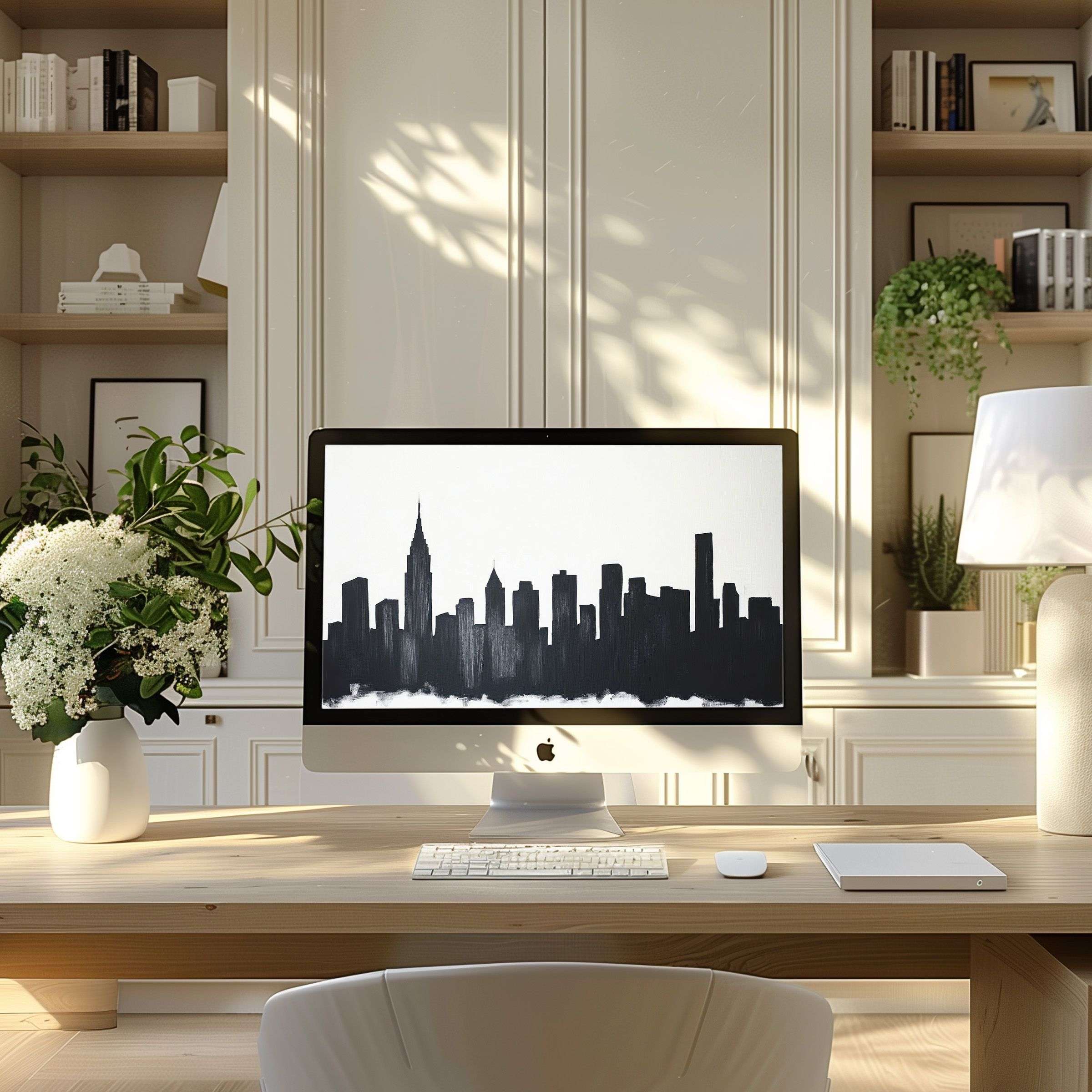 Chic monochrome skyline artwork as wallpaper for computer in modern home office evokes calm elegance perfect for PC or Laptop use