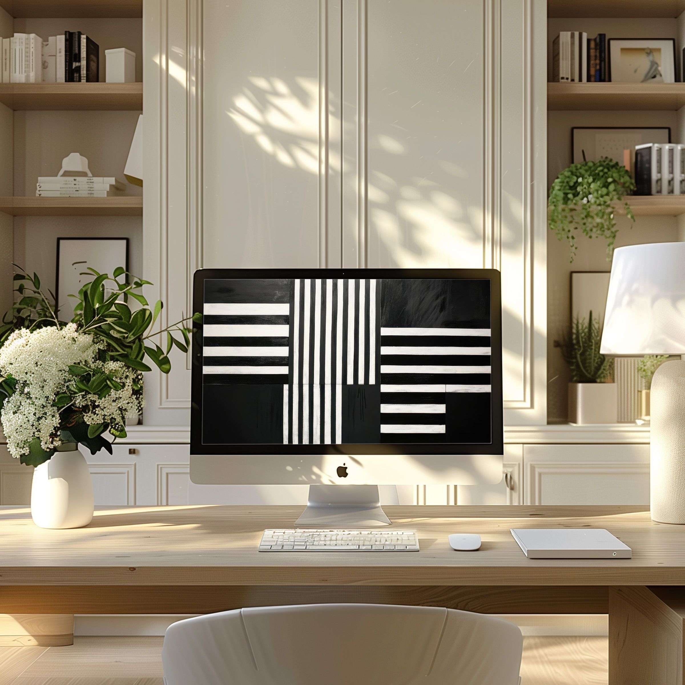 Elegant black and white geometric art wallpaper for computer transforms your PC or laptop into a calm, inspiring home office environment