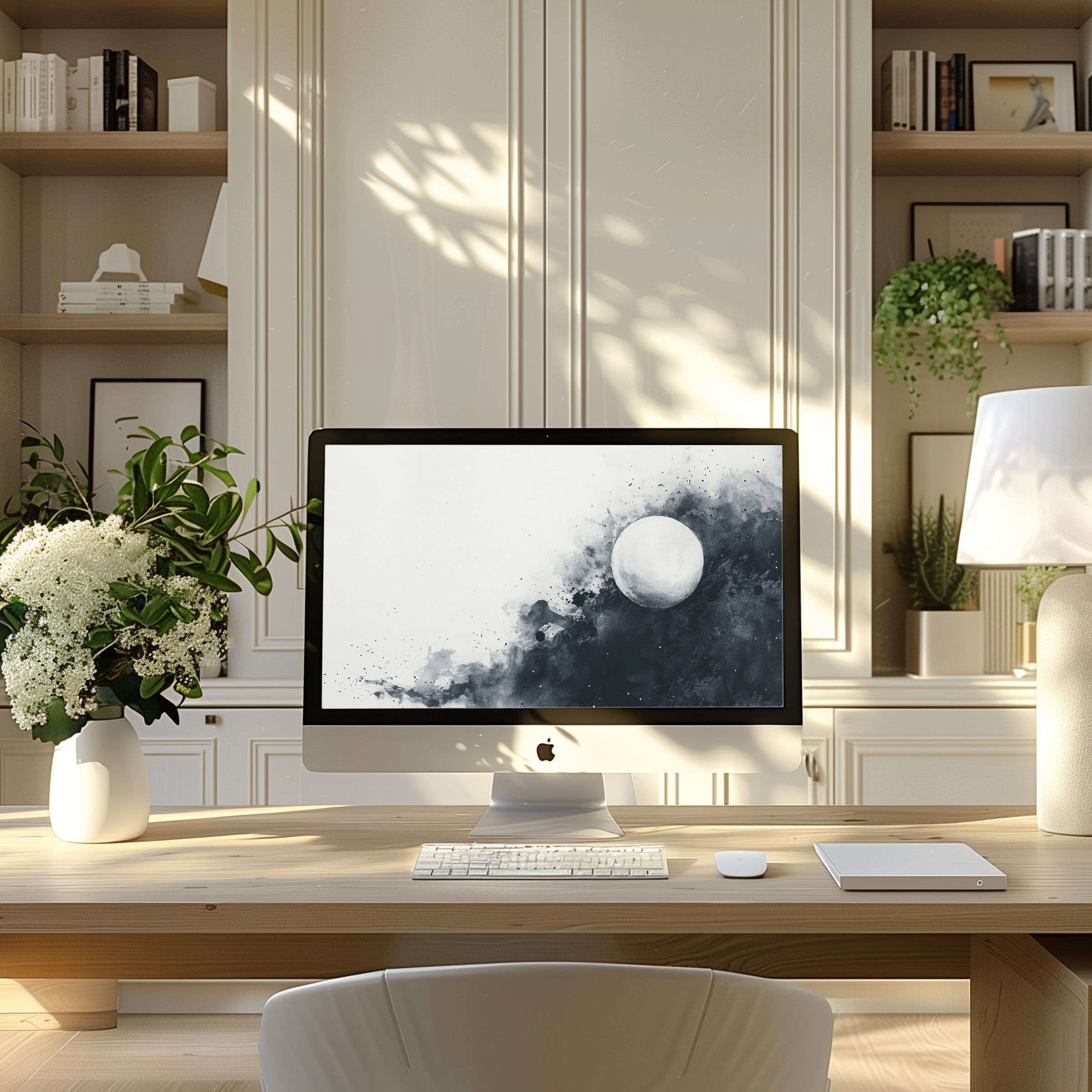 Elegant abstract wallpaper for computer enhances PC or laptop screen with calming monochrome hues in a modern home office setting