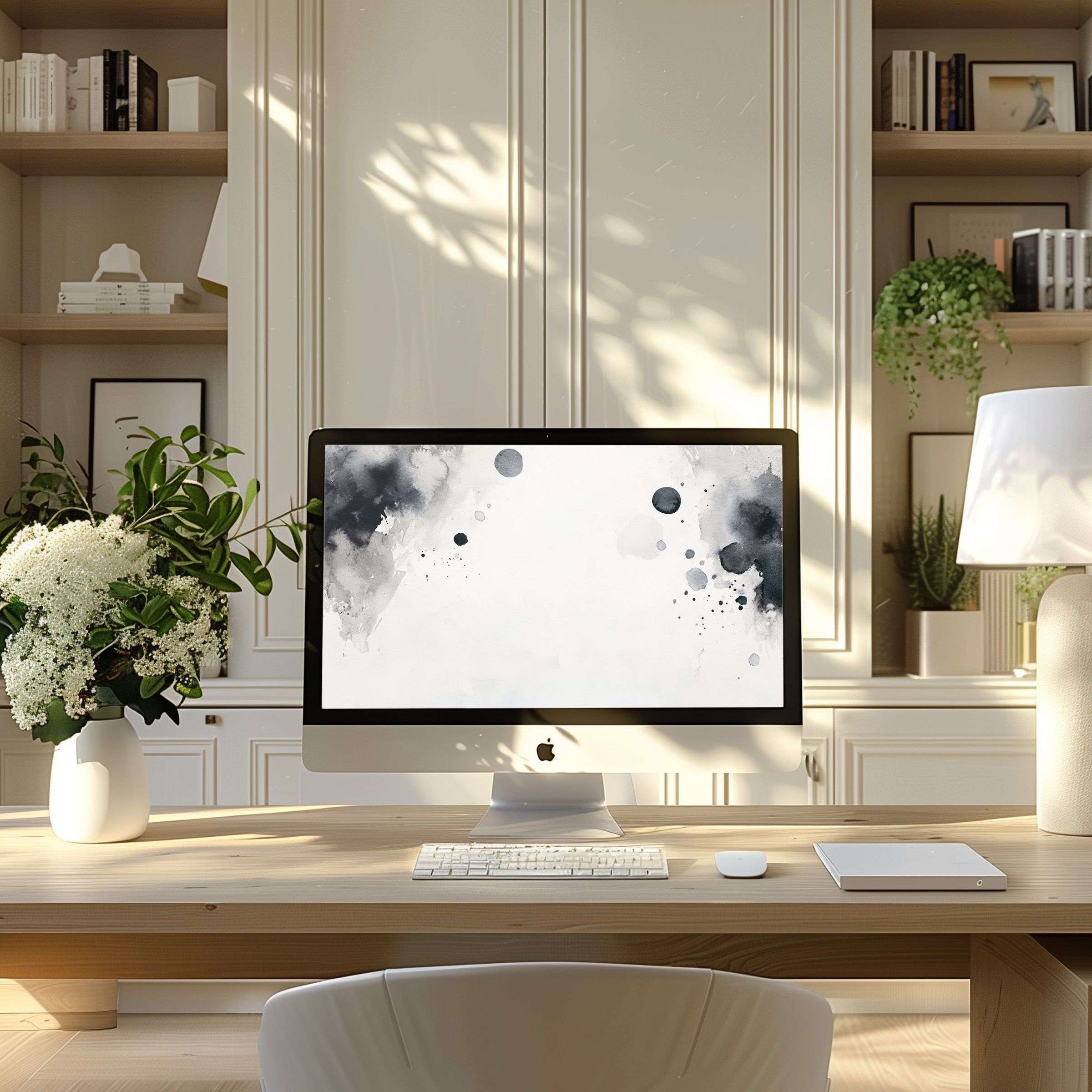 Elegant abstract art wallpaper for computer in neutral tones enhances calm in a modern home office setting perfect for PC or Laptop use