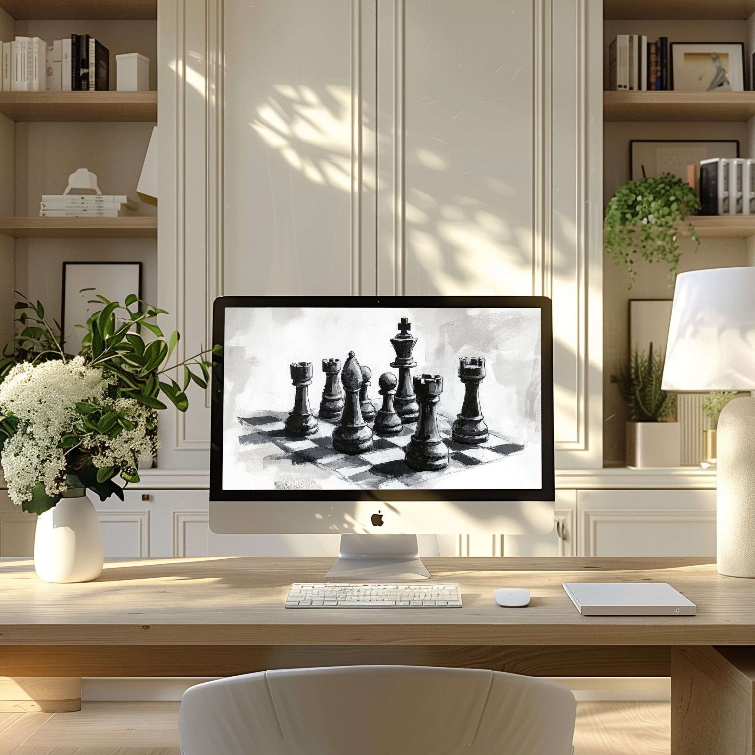Elegant chess-themed wallpaper for computer enhances a modern home office with calm inspiration fits PC laptop ultrawide screens