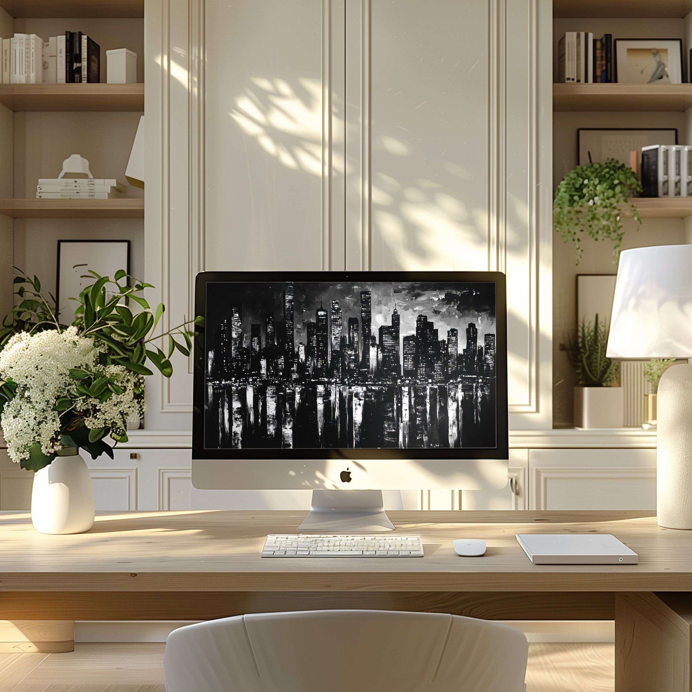 Elegant black and white cityscape wallpaper for computer, perfect for PC and laptop use in a modern, calm home office setting