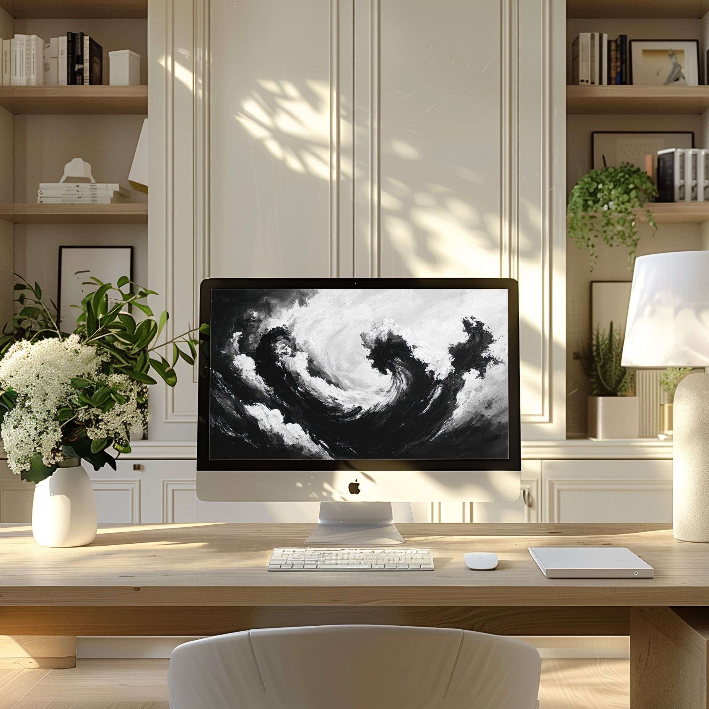Elegant black and white swirl wallpaper for computer offers calm inspiration in modern home office, ideal for PC, laptop, digital download