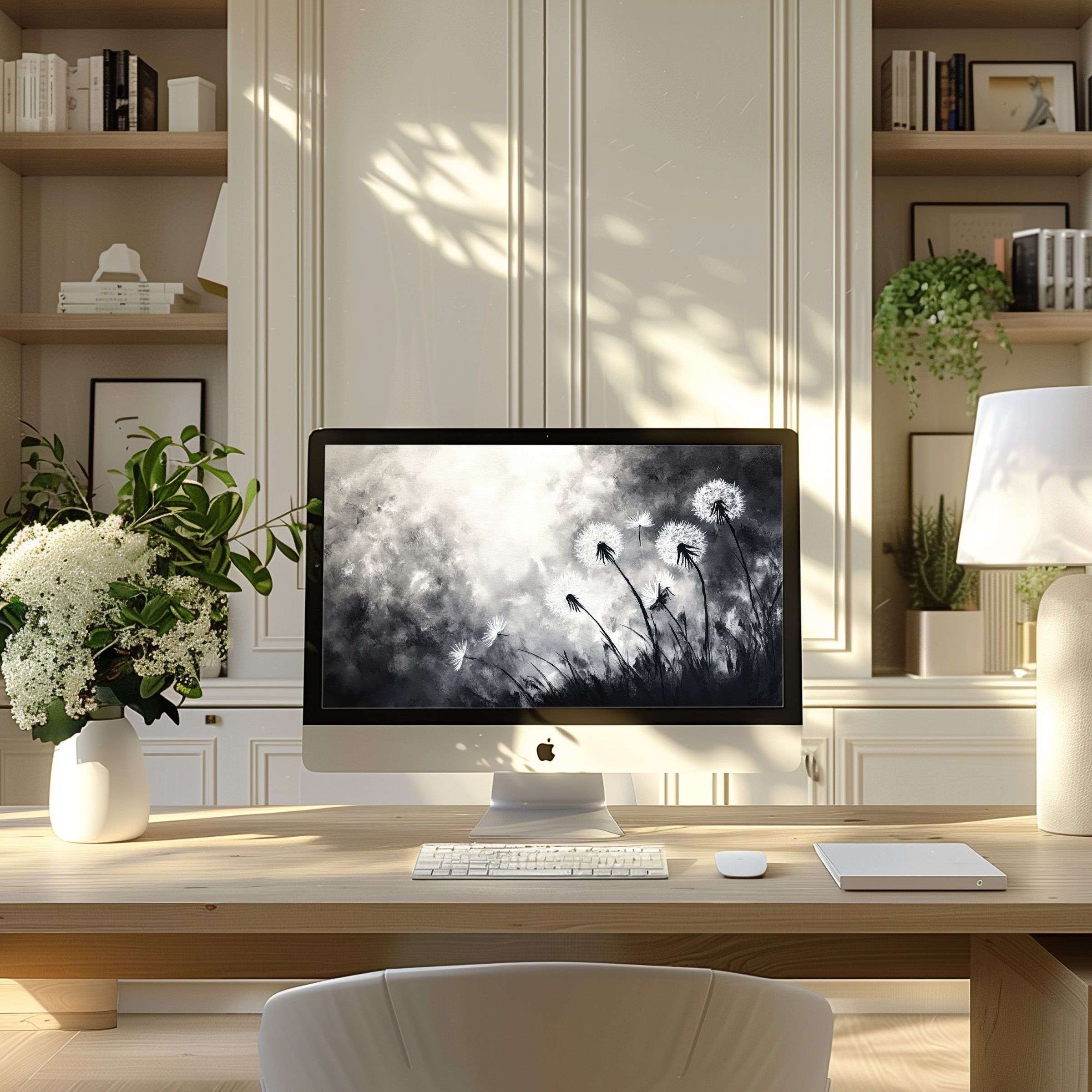 Elegant dandelion motif wallpaper for computer inspires tranquility in modern home office fits PC, Laptop, ultrawide easily