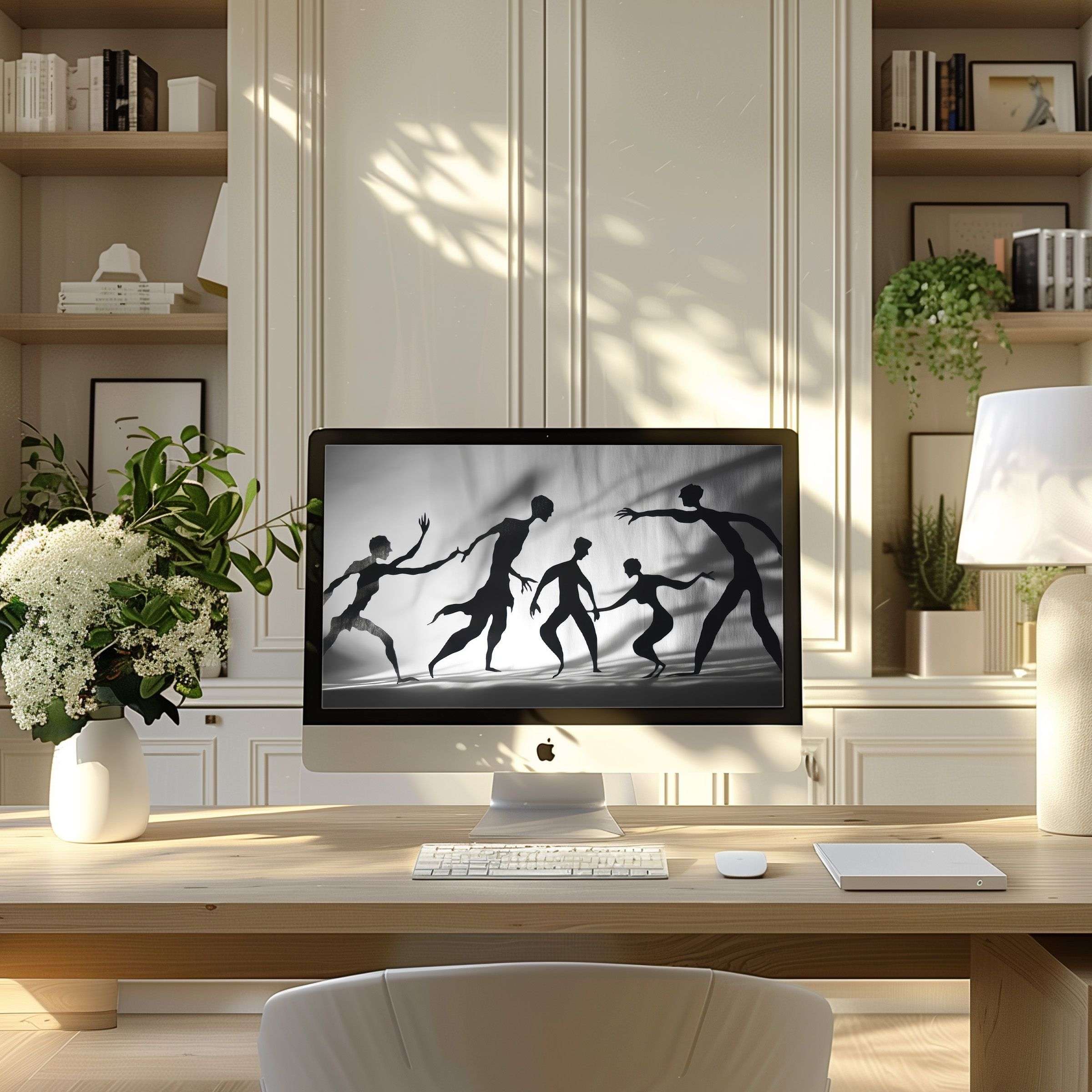 Inspiring black-and-white dance motif wallpaper for computer enhances elegance and calm in a modern home office setting for PC or Laptop