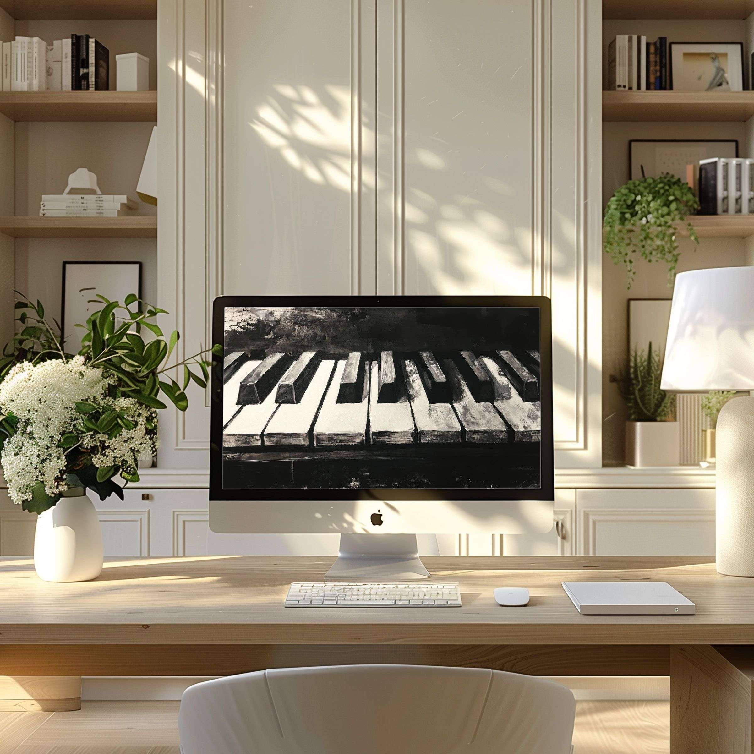 Elegant black and white piano motif wallpaper for computer inspiring modern home office calmness fits PC laptop ultrawide download