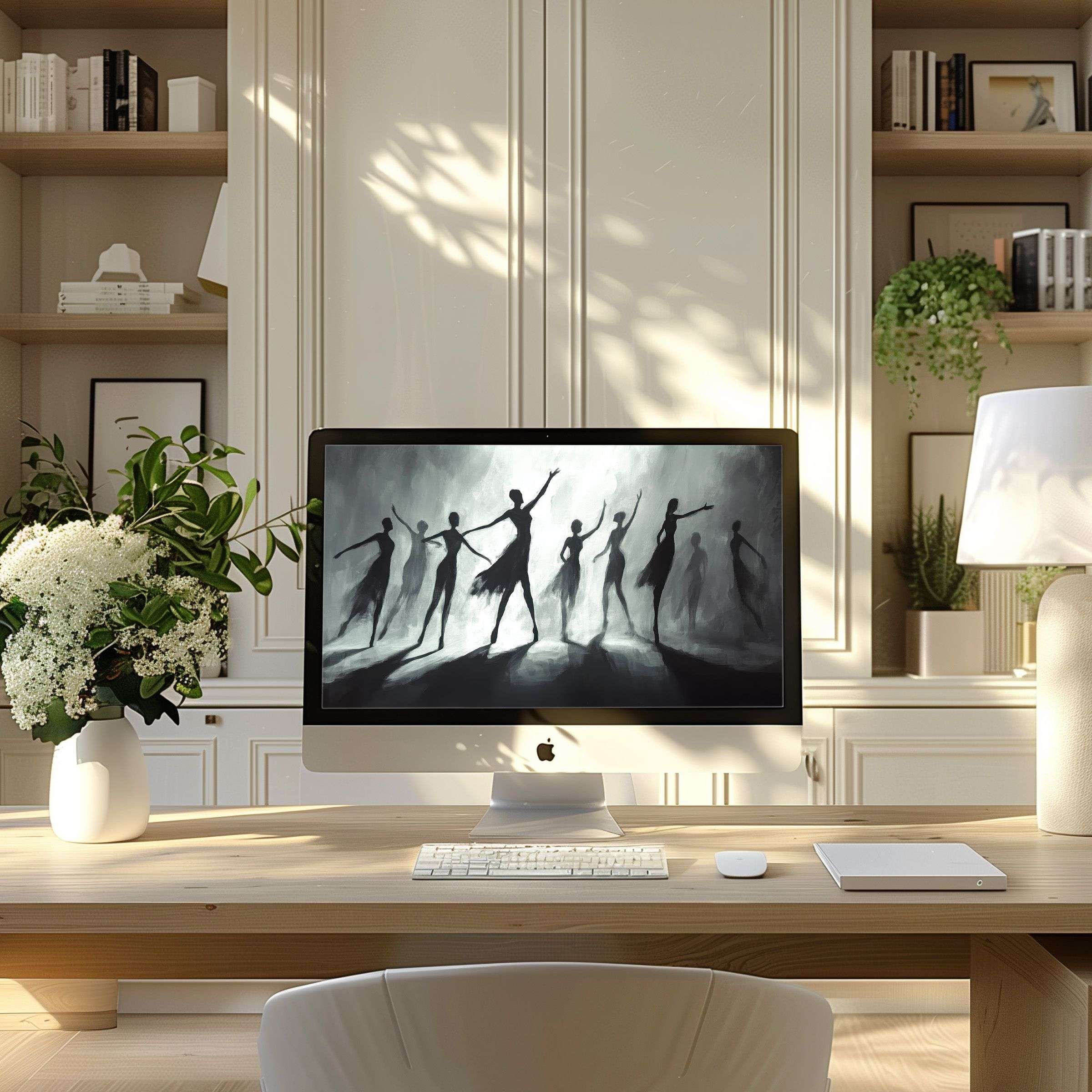 Elegant silhouette dancers capture calm and inspiration; perfect digital wallpaper for computer, PC, or laptop in modern home office