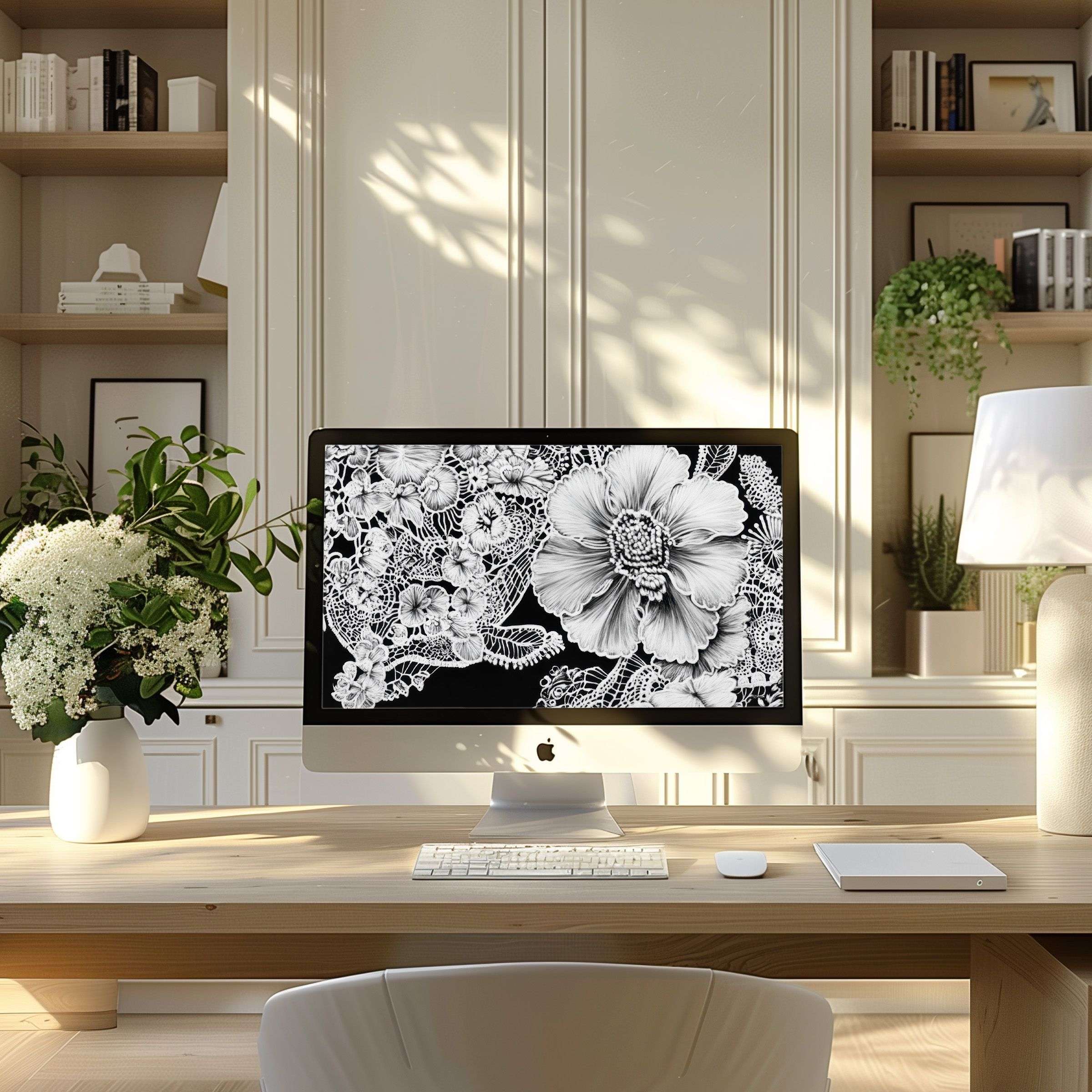 Elegant black-and-white floral design wallpaper for computer enhances any modern home office, inspiring calm on PC and laptop screens