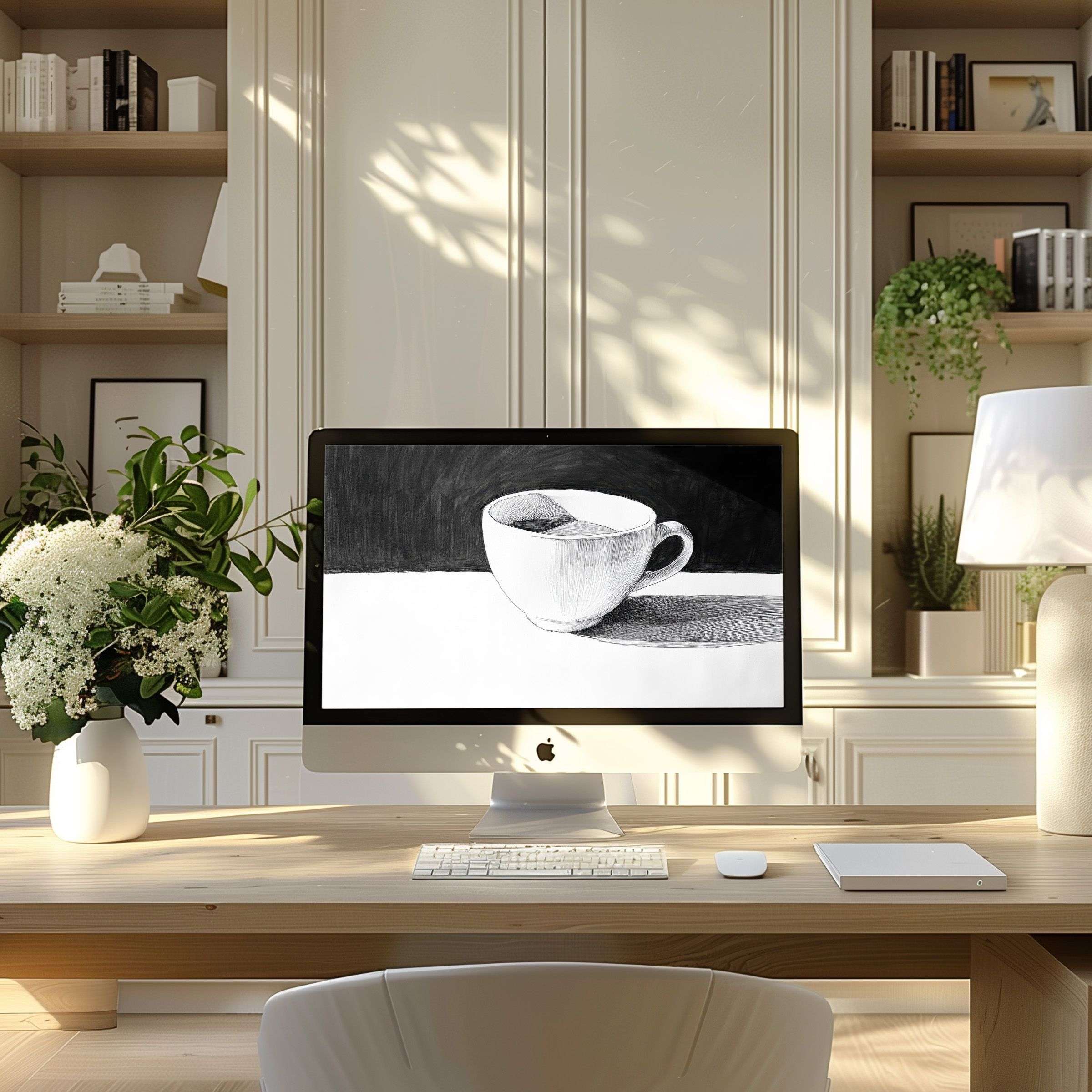 Elegant black and white cup illustration as wallpaper for computer, perfect for PC or laptop in a modern home office setting