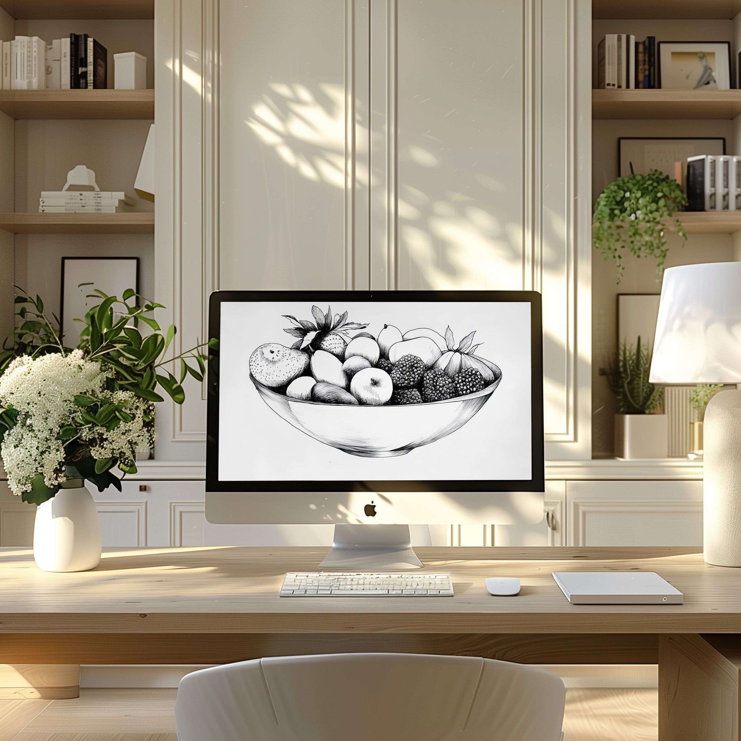 Elegant black and white fruit sketch wallpaper for computer adds calm inspiration to modern home office for PC and laptop users
