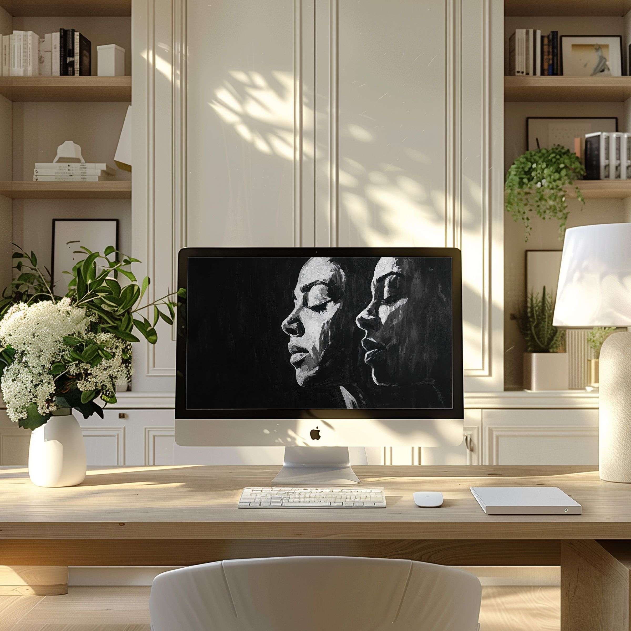 Elegant digital art with serene grayscale portraits offers a calming wallpaper for computer, PC, laptop in modern home office
