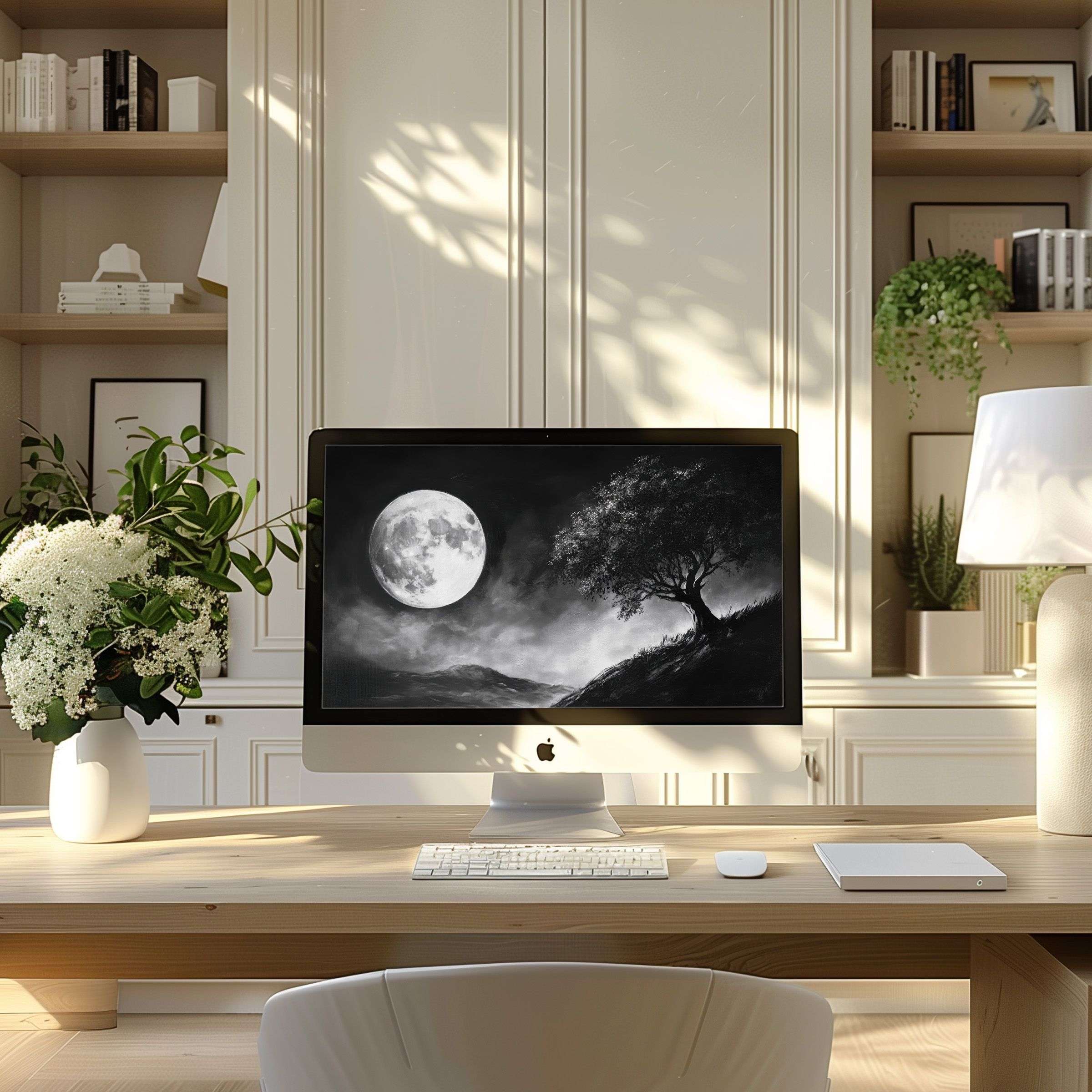 Elegant monochrome landscape wallpaper for computer evokes calm and inspiration, perfect for PC, laptop, ultrawide, digital download