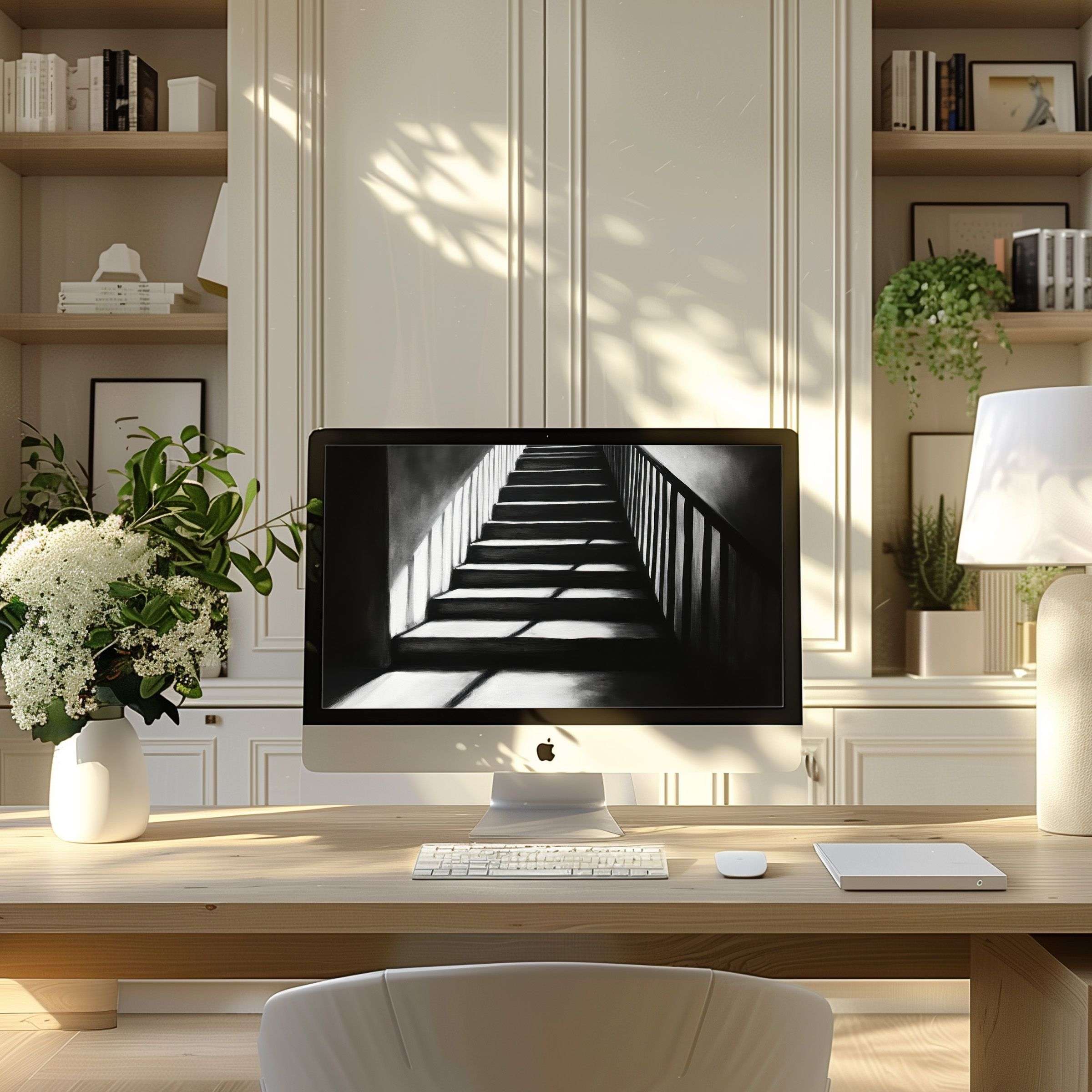 Elegant grayscale staircase wallpaper for computer, ideal for PC and laptop, offers calm inspiration in a modern home office setting