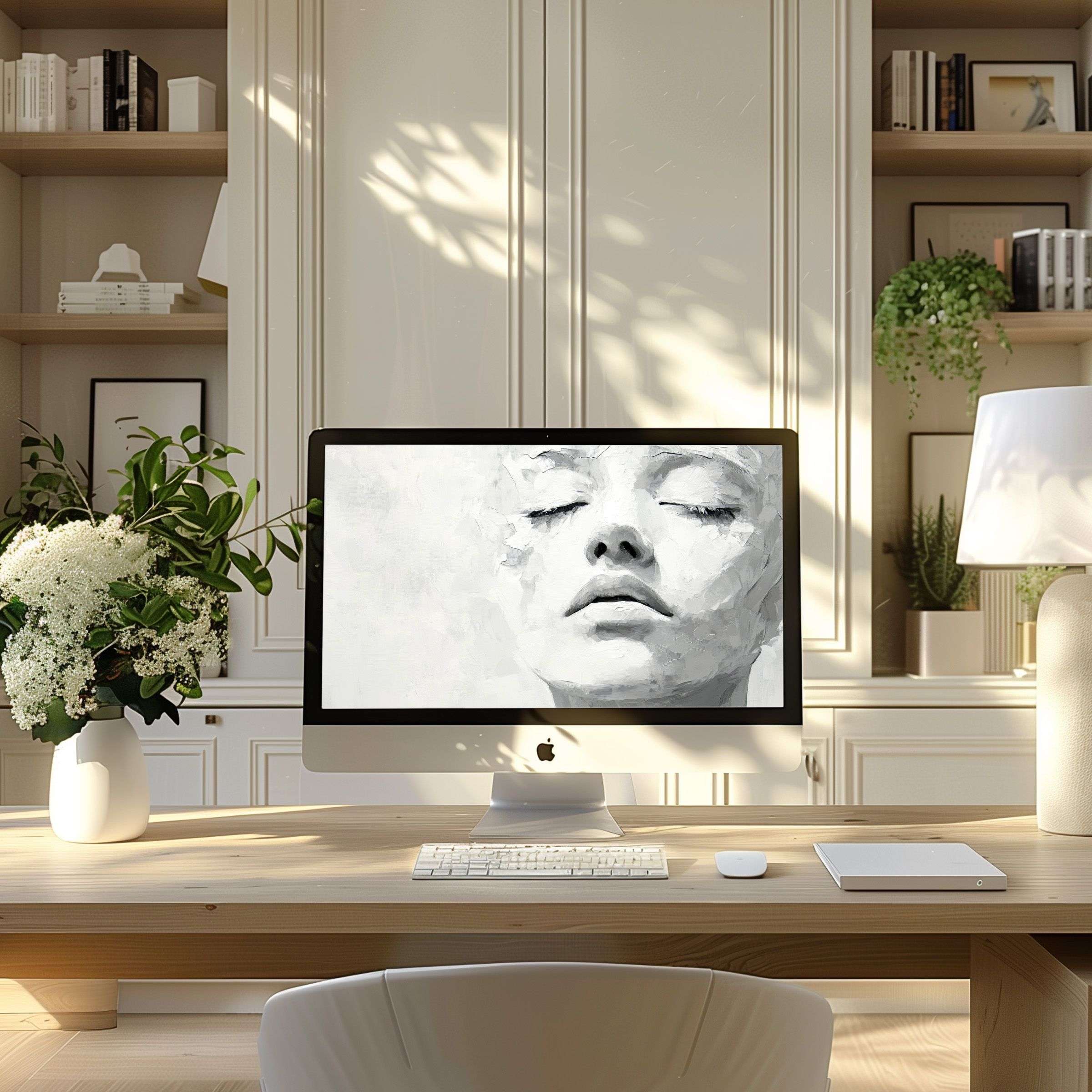 Elegant monochrome digital artwork of serene face, perfect wallpaper for computer PC or laptop, enhancing calm and inspiration