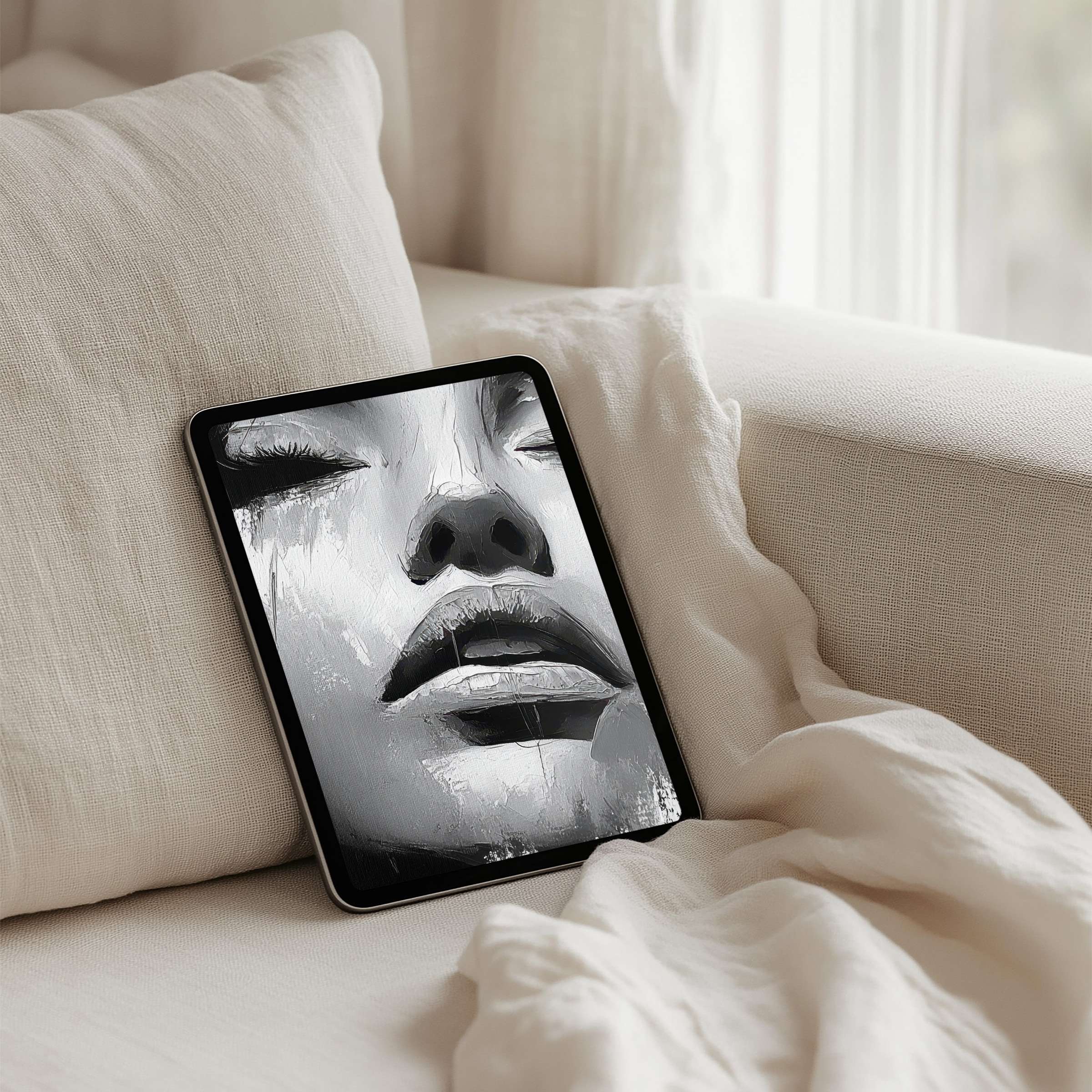 Elegant grayscale iPad background featuring serene face art, perfect for tablet ambiance and instant download to inspire calm