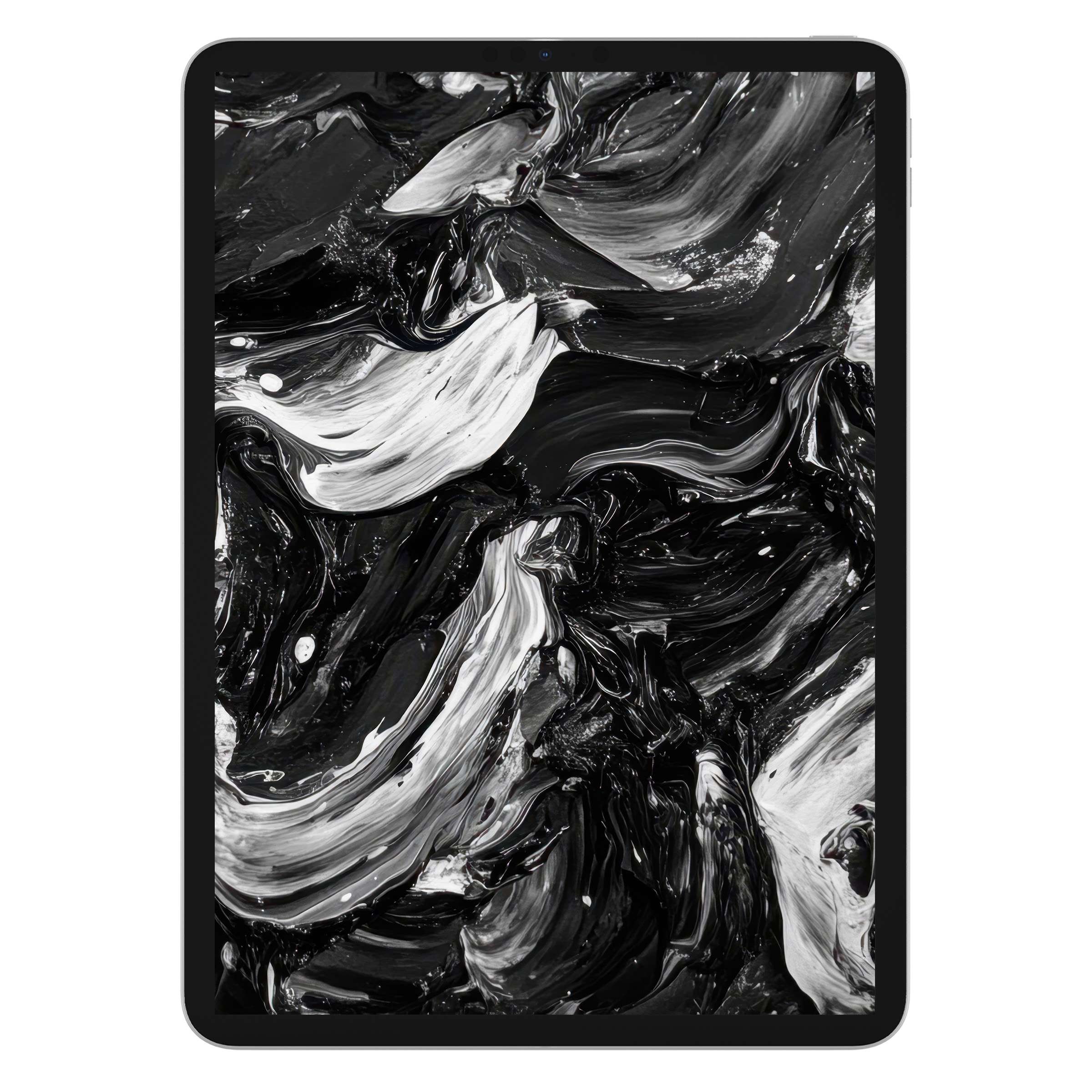 Elegant black and white iPad wallpaper featuring abstract swirls, perfect digital download background for tablet tranquility and style