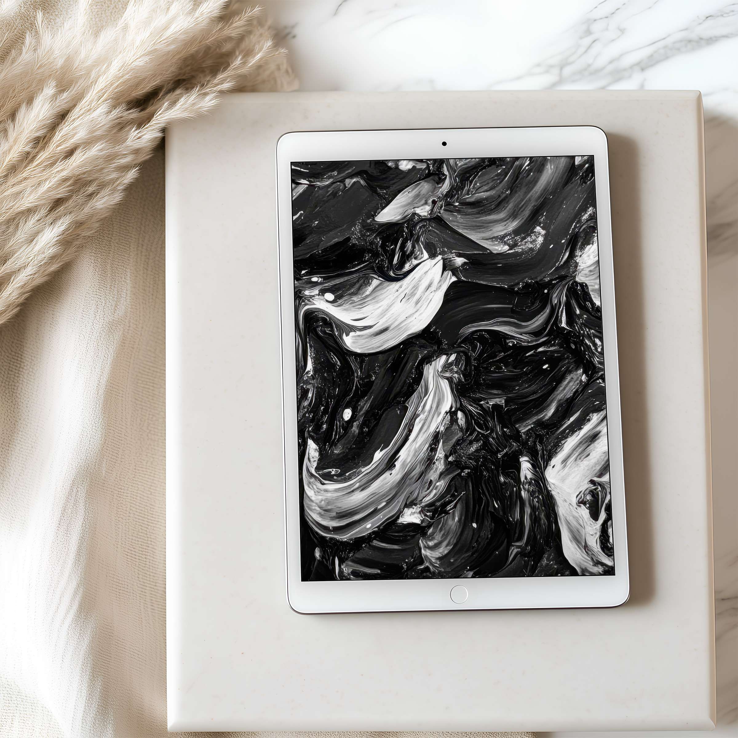 Elegant black and white abstract tablet wallpaper evoking calm and sophistication, perfect for high resolution iPad digital download