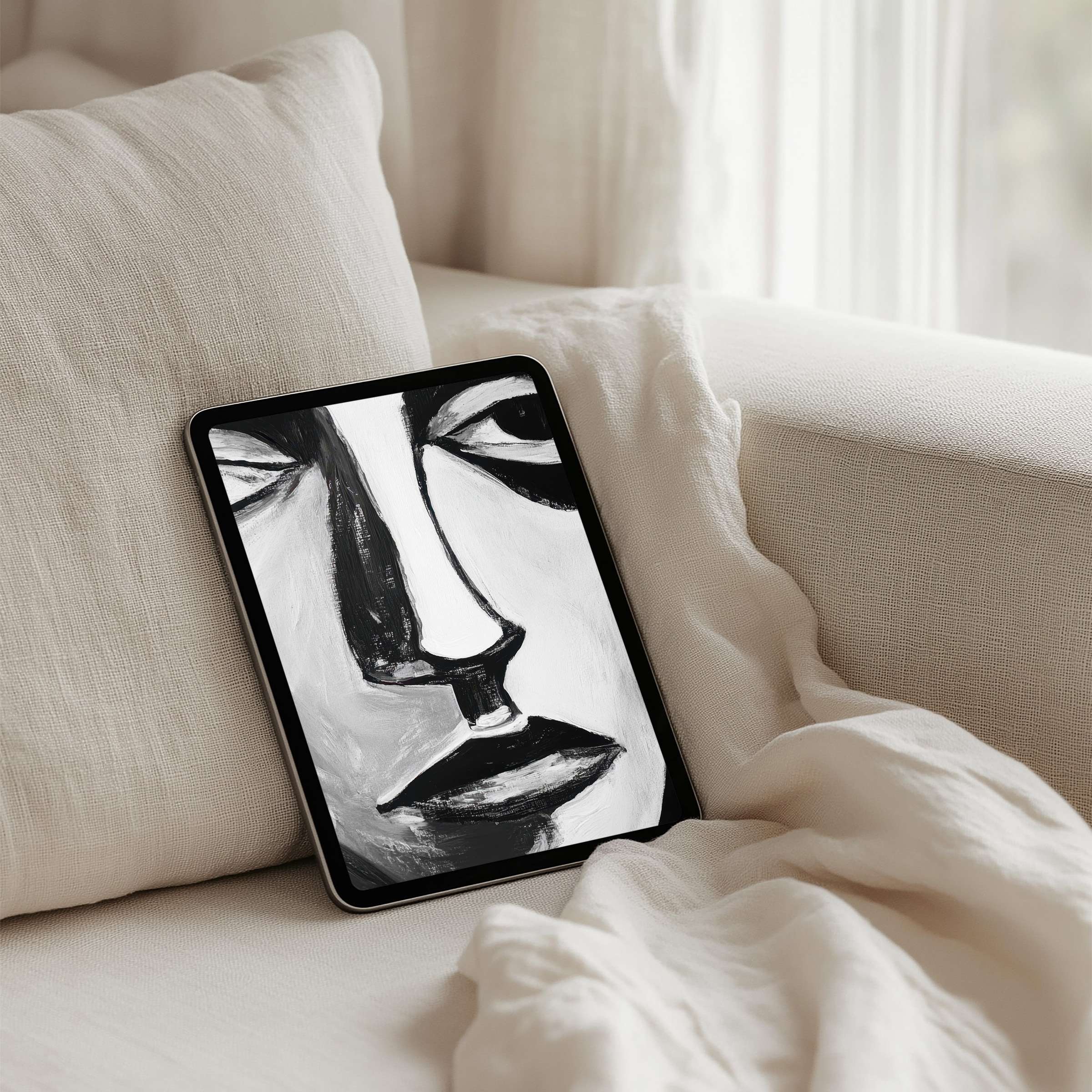 Elegant monochrome abstract art on iPad background for an instant download, perfect for a calm tablet setting and mindful inspiration